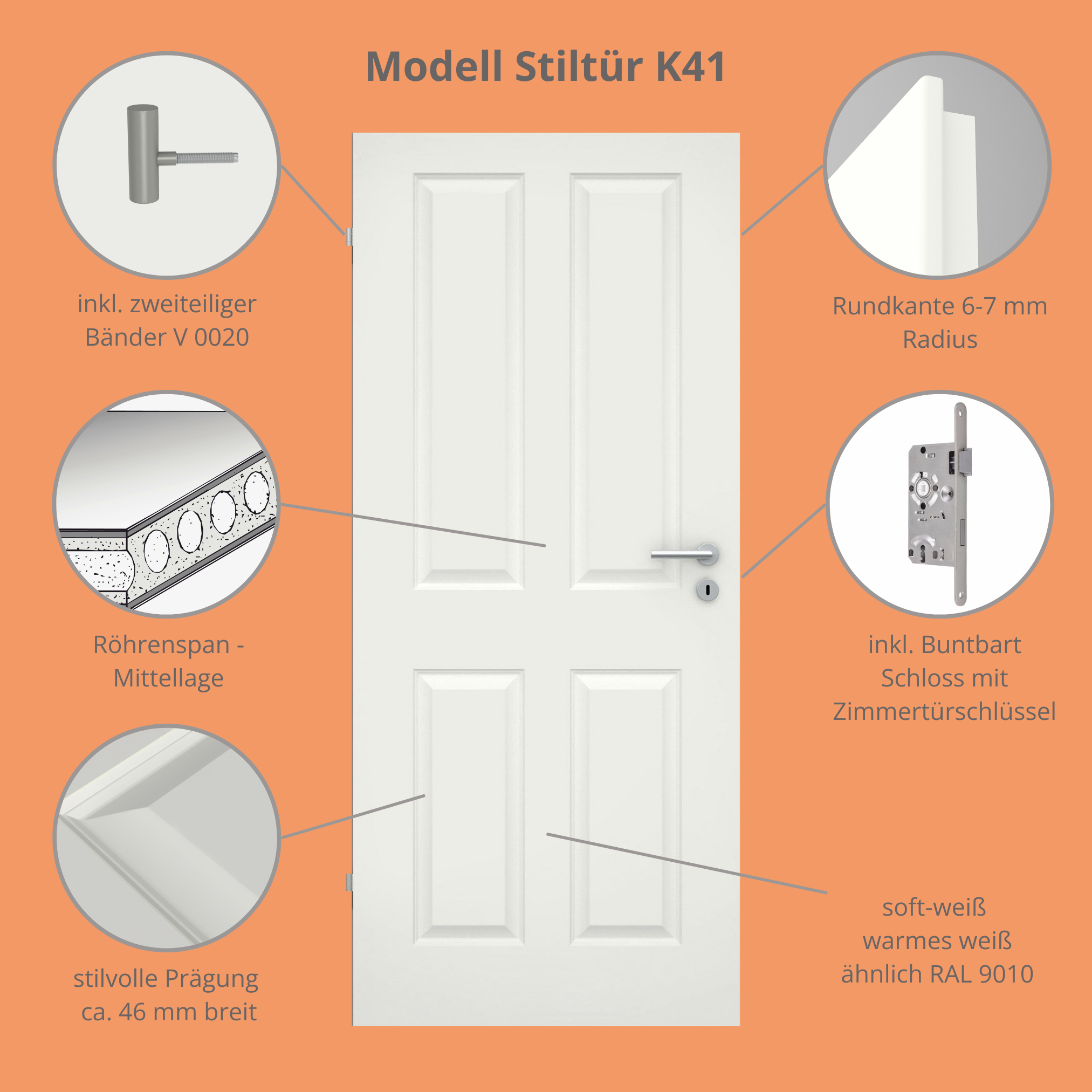 Zimmertür soft-weiß Stiltür mit 4 Kassetten Rundkante - Modell Stiltür K41