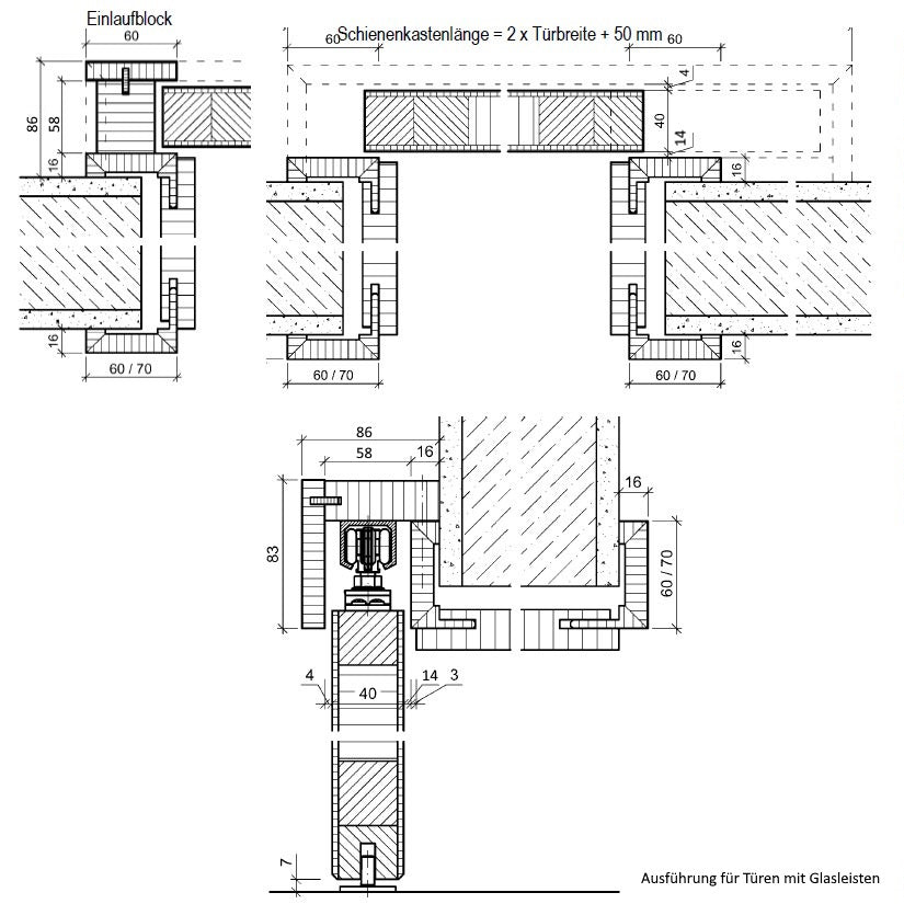Schiebetür mit Schiebetürzarge Designkante 70 mm Bekleidung mit Lichtausschnitt soft-weiß 3 Kassetten - Modell Stiltür M31LA2