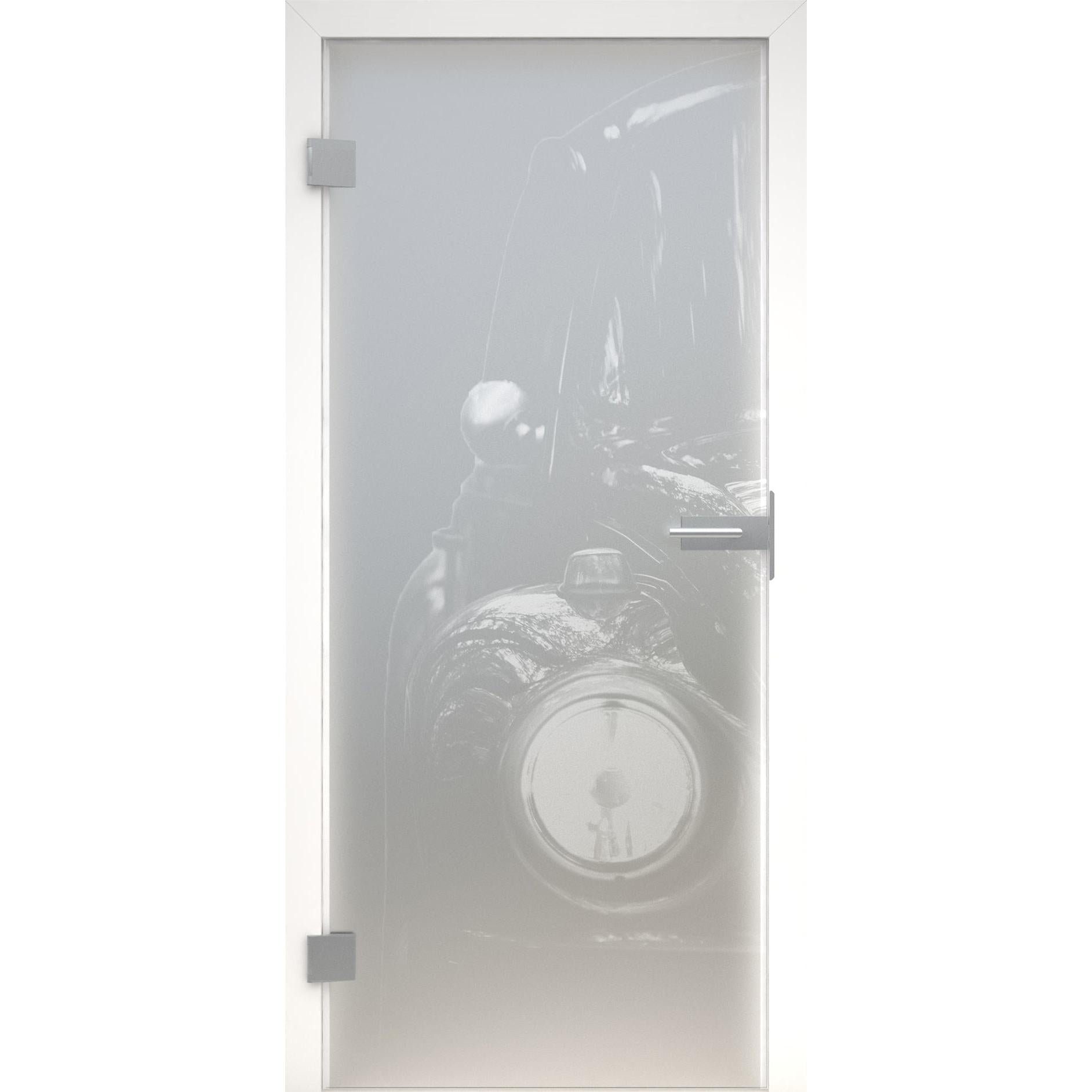 Glastür Classic Car LaserArt 327 satiniert / matt-198,5 x 73,5 cm (Glasmaß 197,2 x 70,9 cm)-links-Montario