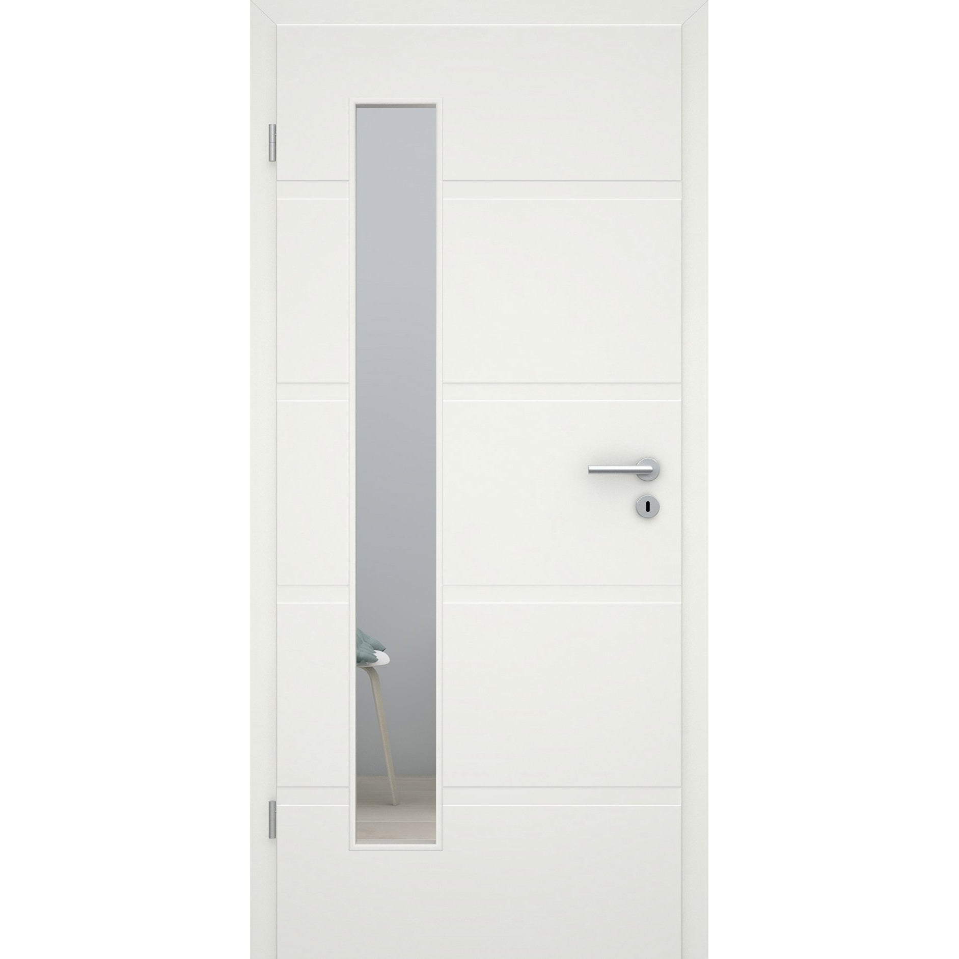 Zimmertür mit Zarge und Lichtausschnitt soft-weiß 4 breite Rillen Eckkante - Modell Designtür QB41LAB
