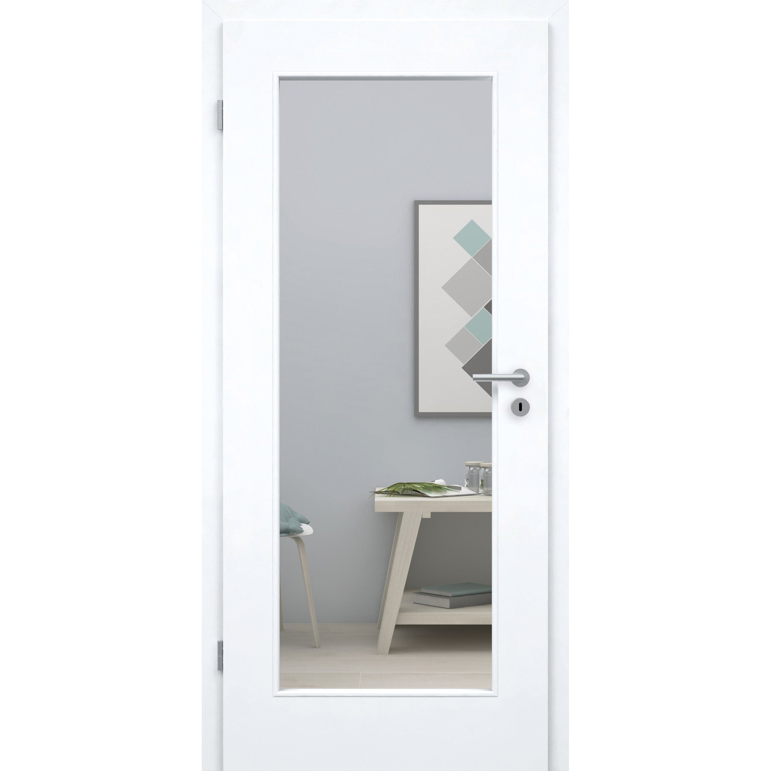 Zimmertür mit Zarge brillant-weiß Stiltür mit 1 Kassette und Lichtausschnitt Designkante - Modell Stiltür M13LA