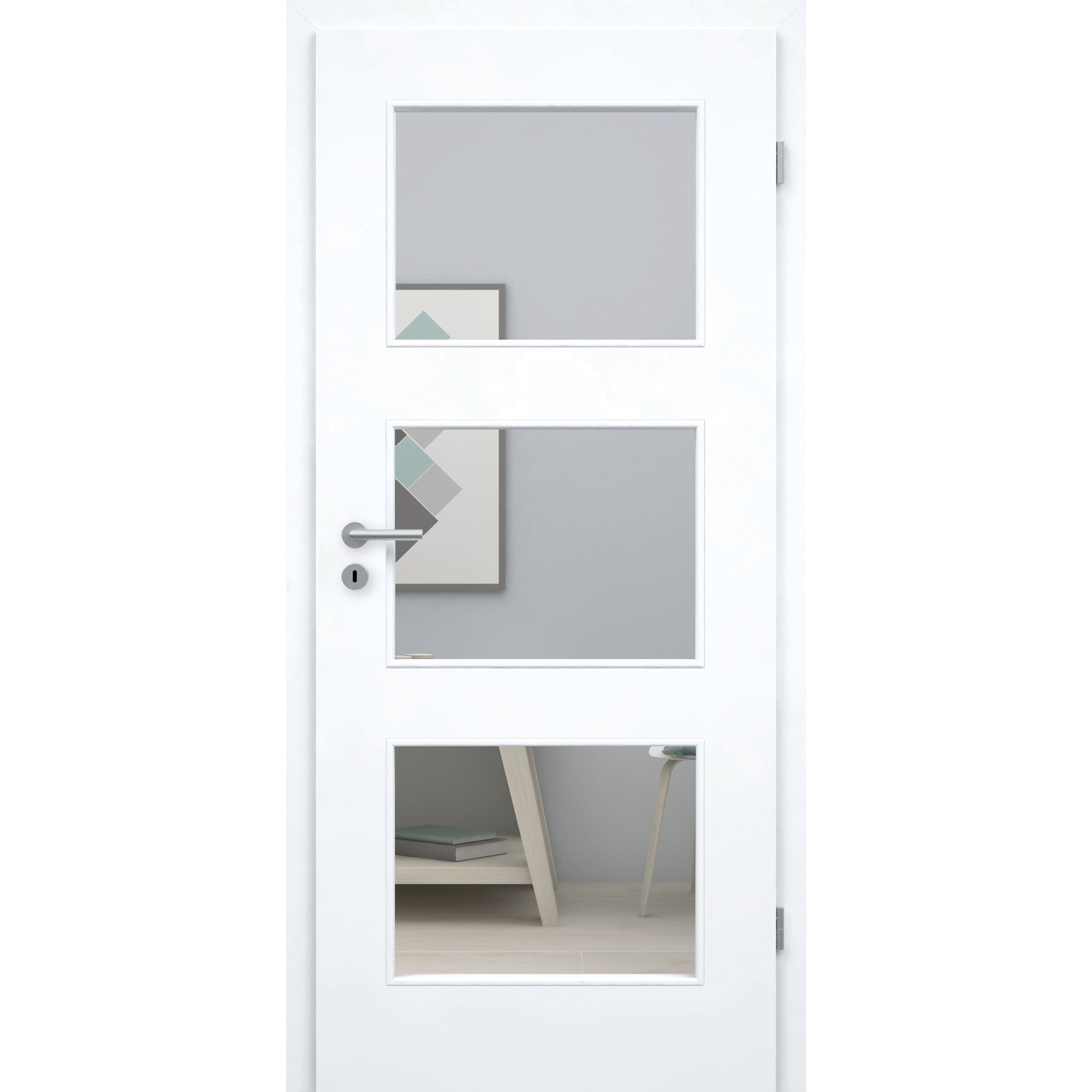 Zimmertür mit Zarge brillant-weiß Stiltür mit 3 Kassetten und Lichtausschnitt Designkante - Modell Stiltür M33LA3