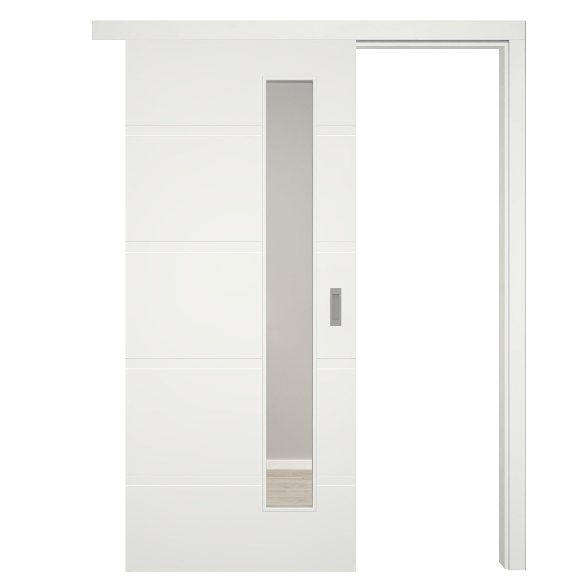 Schiebetür mit Schiebetürzarge Designkante 70 mm Bekleidung mit Lichtausschnitt soft-weiß 4 breite Rillen - Modell Designtür QB41LAS