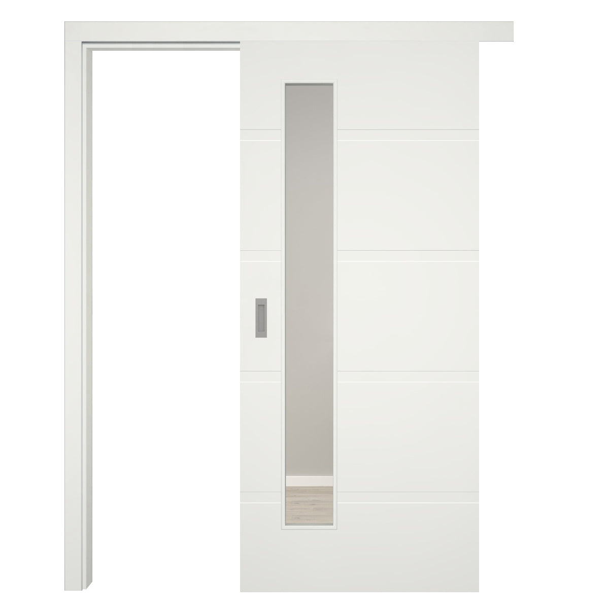 Schiebetür mit Schiebetürzarge Designkante 70 mm Bekleidung mit Lichtausschnitt soft-weiß 4 breite Rillen - Modell Designtür QB41LAS