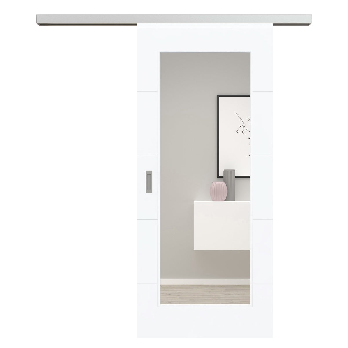 Schiebetür für Set mit Edelstahllaufkasten brillant-weiß modern mit 4 Rillen und Lichtausschnitt - Modell Designtür Q43LA