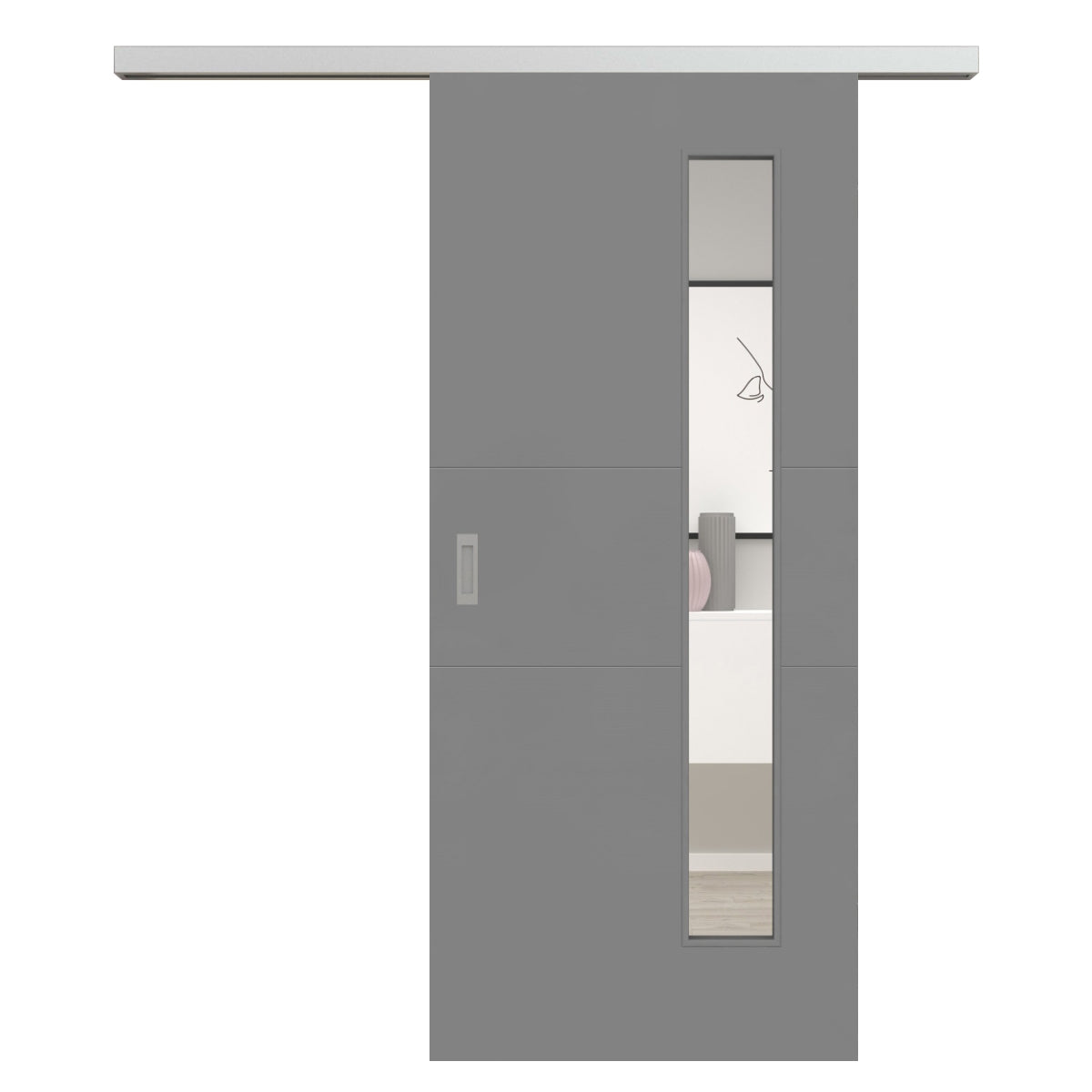 Schiebetür für Set mit Edelstahllaufkasten mit Lichtausschnitt grau 2 Rillen quer - Modell Designtür Q27LAB