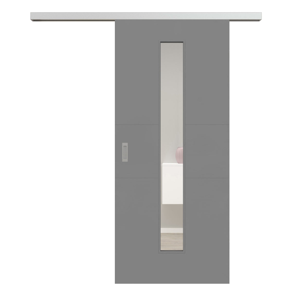 Schiebetür für Set mit Edelstahllaufkasten mit Lichtausschnitt grau 2 Rillen quer - Modell Designtür Q27LAM