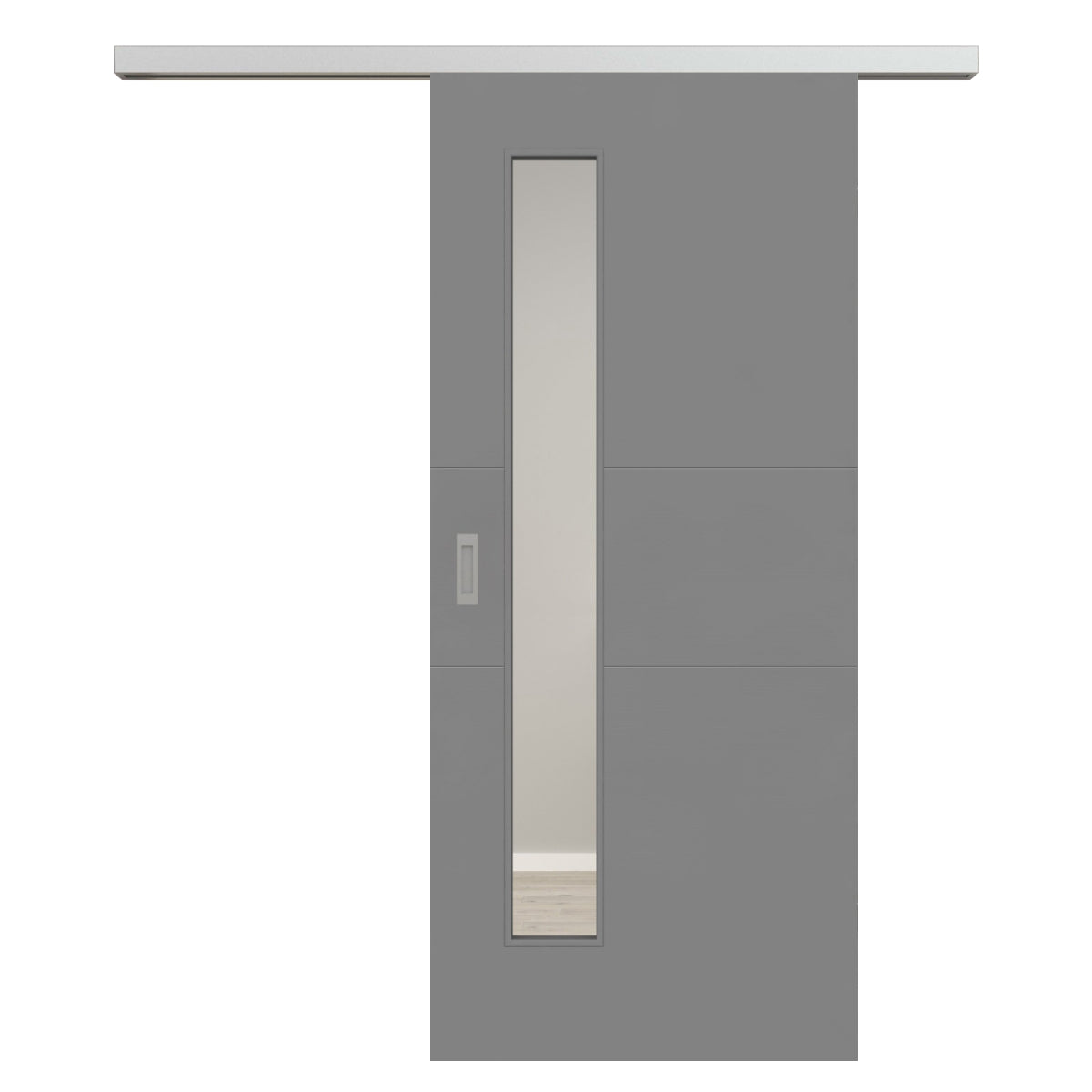 Schiebetür für Set mit Edelstahllaufkasten mit Lichtausschnitt grau 2 Rillen quer - Modell Designtür Q27LAS