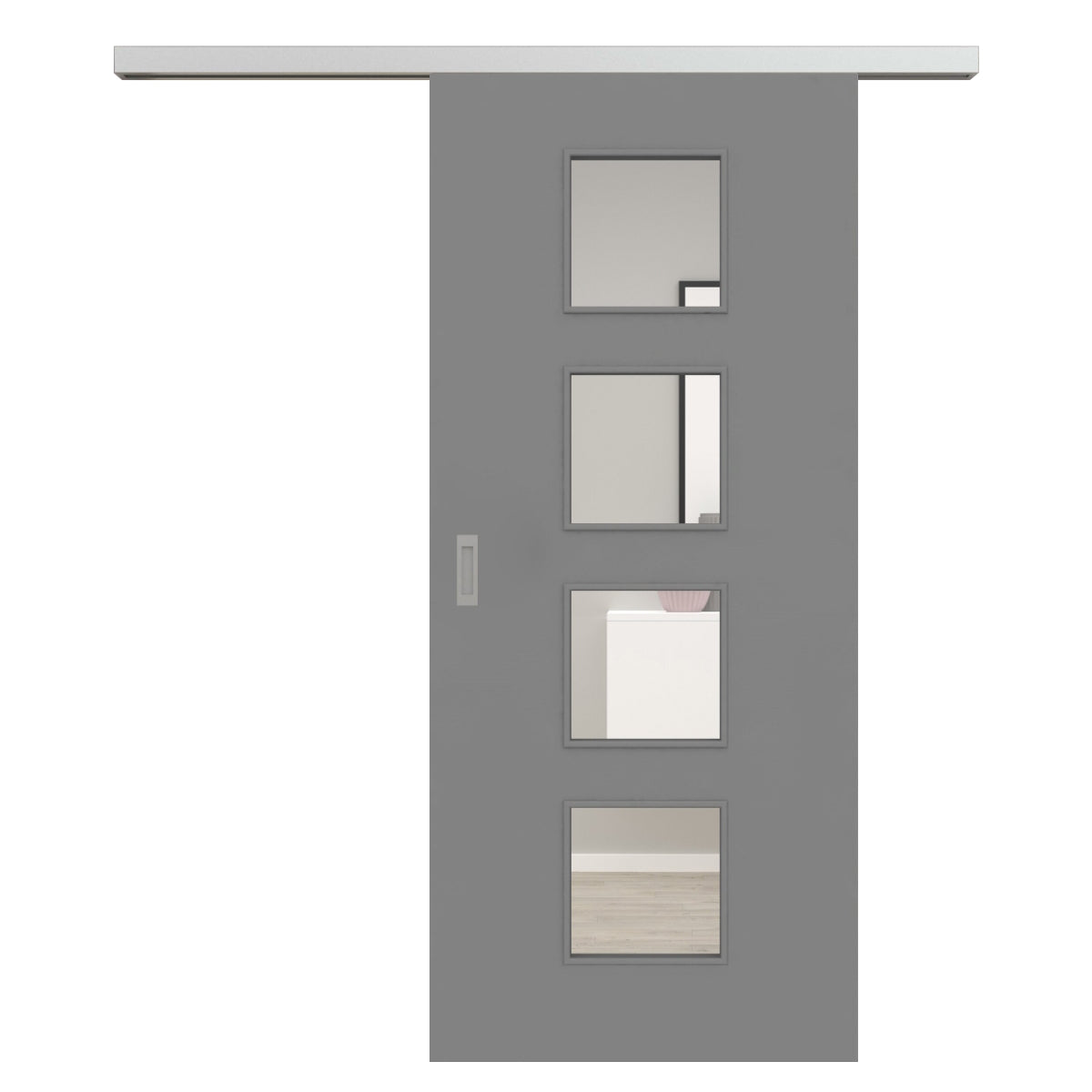 Schiebetür für Set mit Edelstahllaufkasten mit Lichtausschnitt grau glatt - Modell LA4