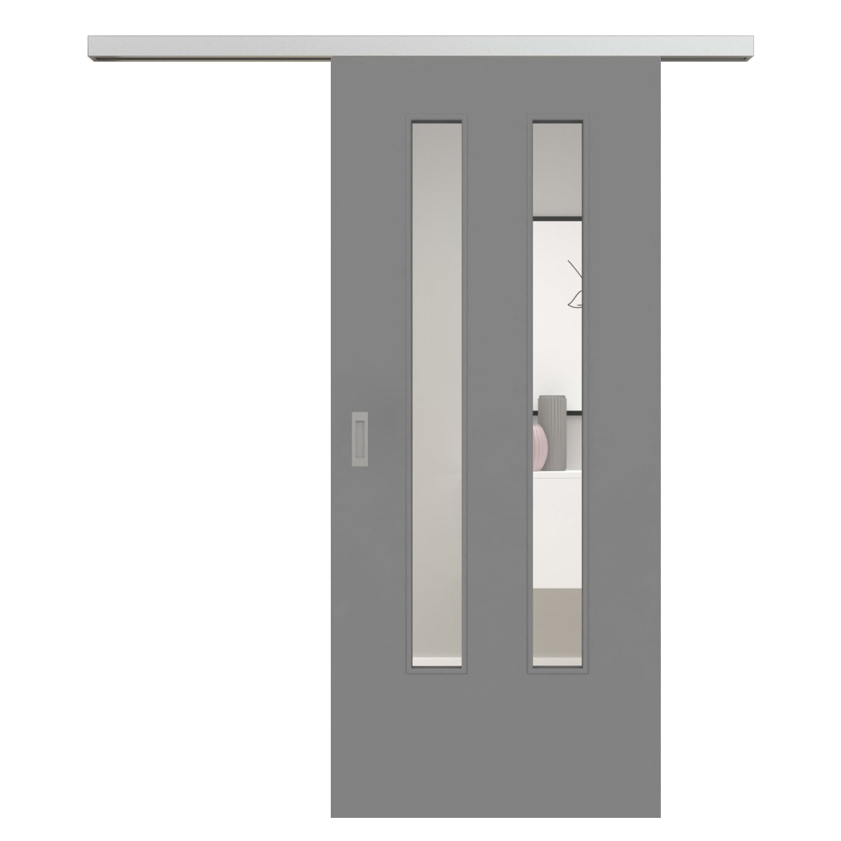 Schiebetür für Set mit Edelstahllaufkasten mit Lichtausschnitt vertikal grau glatt LA6