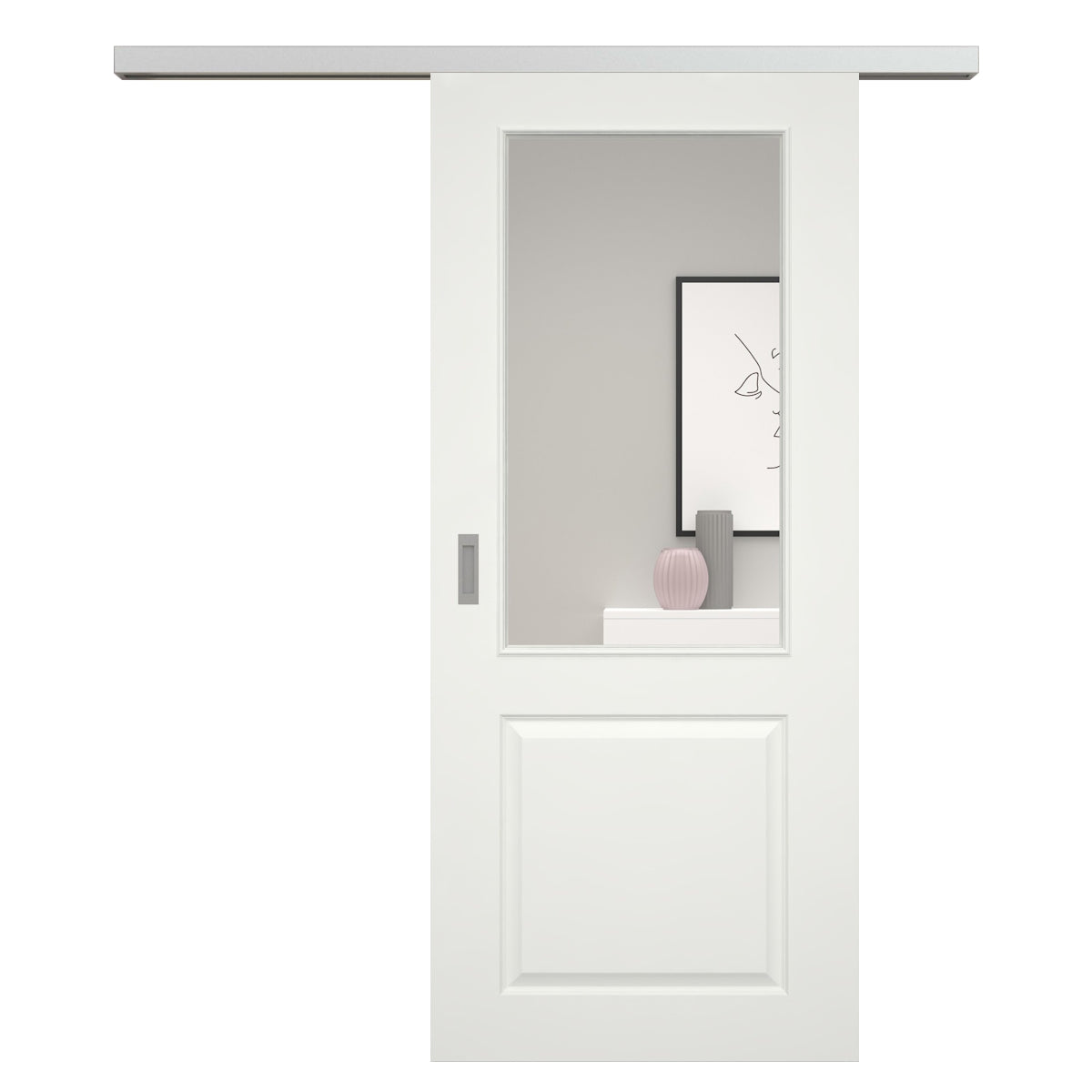 Schiebetür für Set mit Edelstahllaufkasten soft-weiß Stiltür mit 2 Kassetten und Lichtausschnitt - Modell Stiltür K21LA