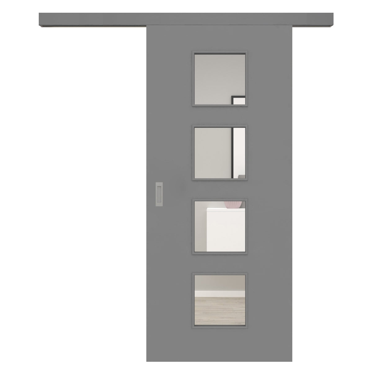Schiebetür für Set mit grauem Laufkasten mit Lichtausschnitt grau glatt - Modell LA4