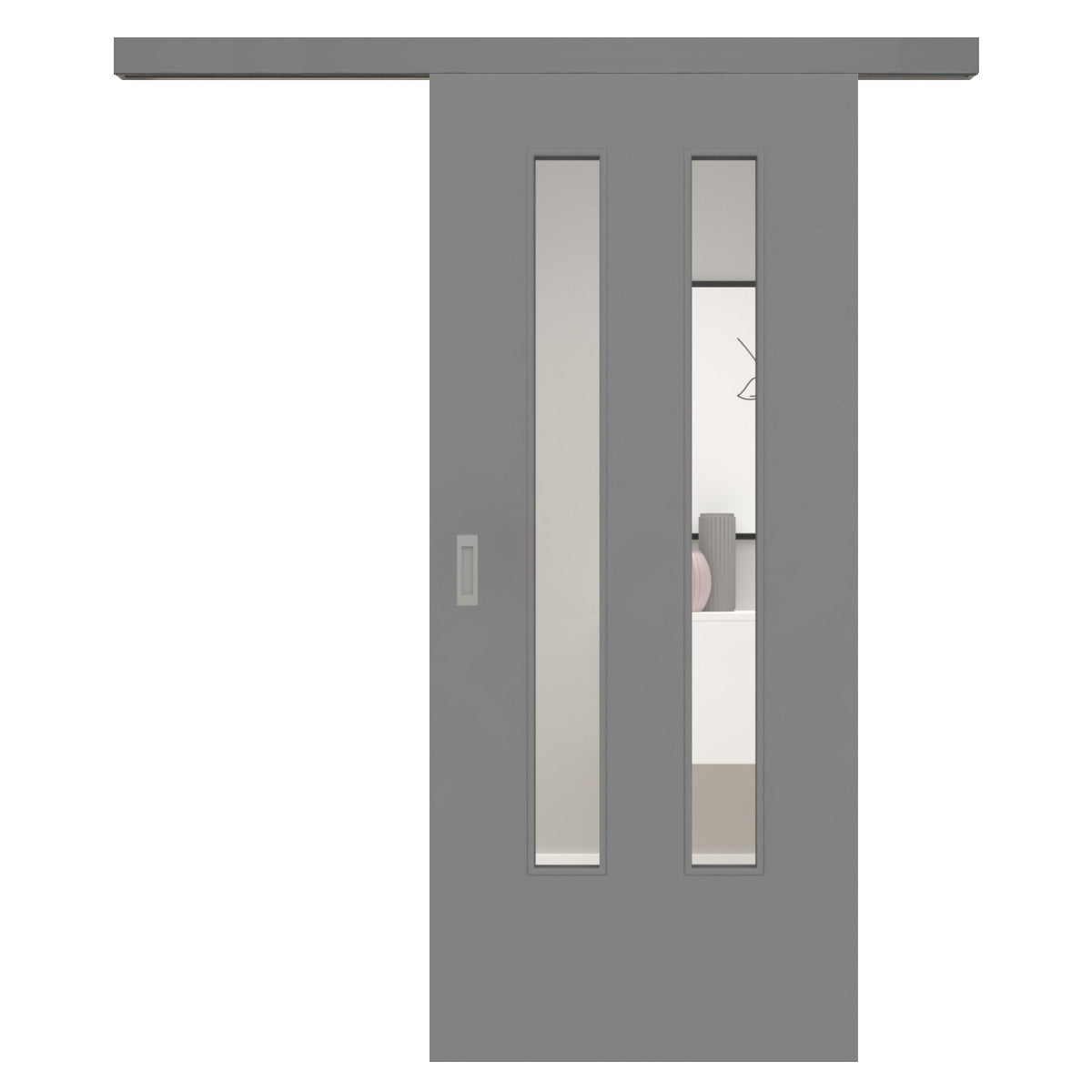 Schiebetür für Set mit grauem Laufkasten mit Lichtausschnitt vertikal grau glatt LA6
