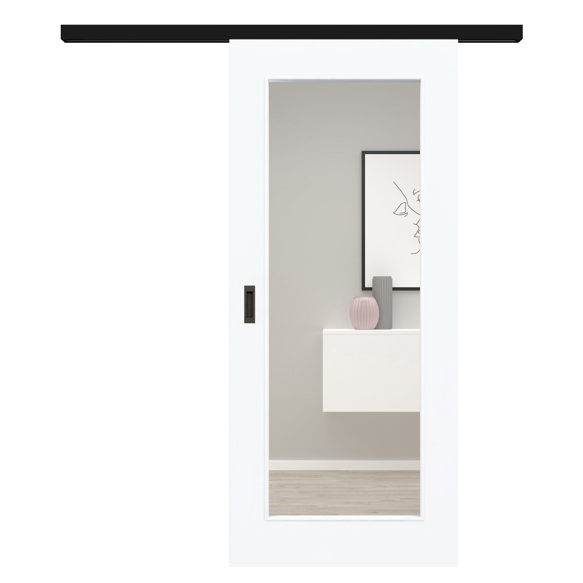 Schiebetür für Set mit schwarzem Laufkasten brillant-weiß Stiltür mit 1 Kassette und Lichtausschnitt - Modell Stiltür M13LA