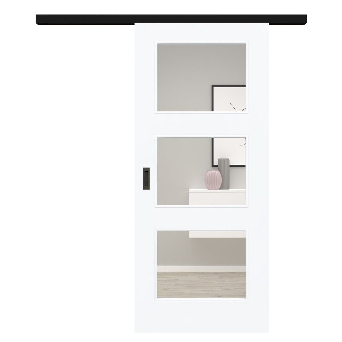 Schiebetür für Set mit schwarzem Laufkasten brillant-weiß Stiltür mit 3 Kassetten und Lichtausschnitt - Modell Stiltür M33LA3