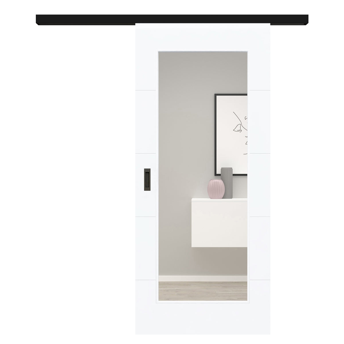 Schiebetür für Set mit schwarzem Laufkasten brillant-weiß modern mit 4 Rillen und Lichtausschnitt - Modell Designtür Q43LA