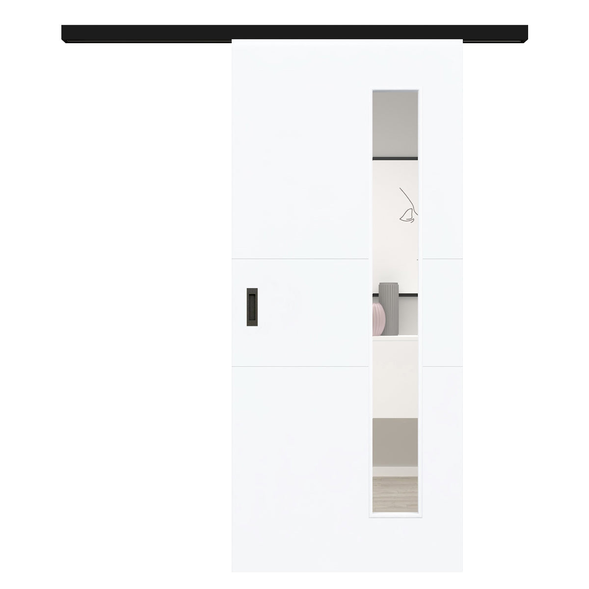 Schiebetür für Set mit schwarzem Laufkasten mit Lichtausschnitt brillant-weiß 2 Rillen quer - Modell Designtür Q23LAB