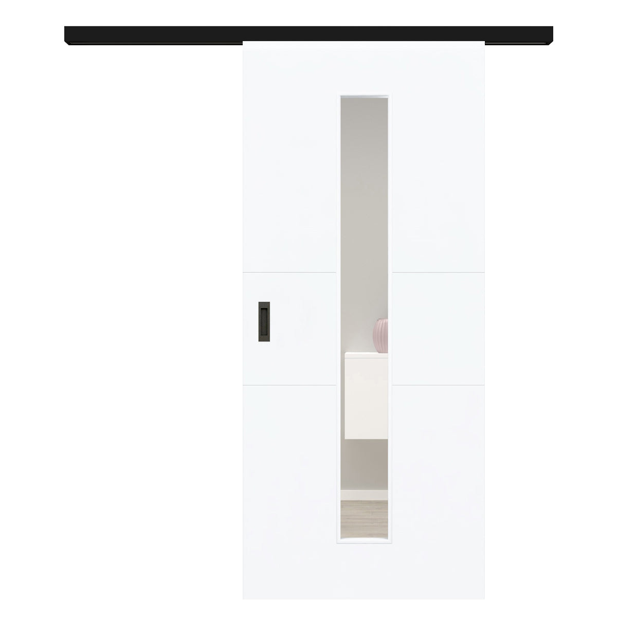 Schiebetür für Set mit schwarzem Laufkasten mit Lichtausschnitt brillant-weiß 2 Rillen quer - Modell Designtür Q23LAM