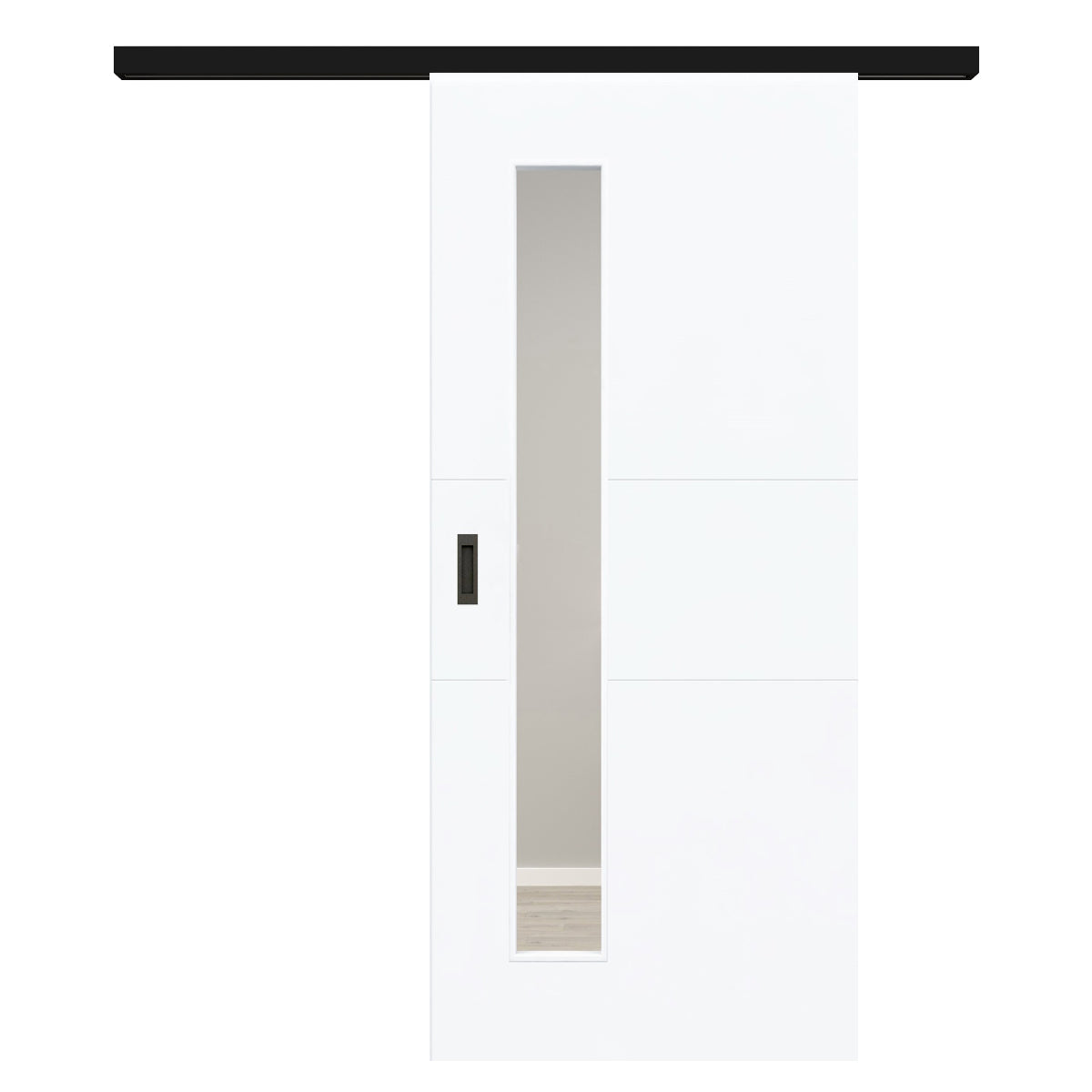 Schiebetür für Set mit schwarzem Laufkasten mit Lichtausschnitt brillant-weiß 2 Rillen quer - Modell Designtür Q23LAS