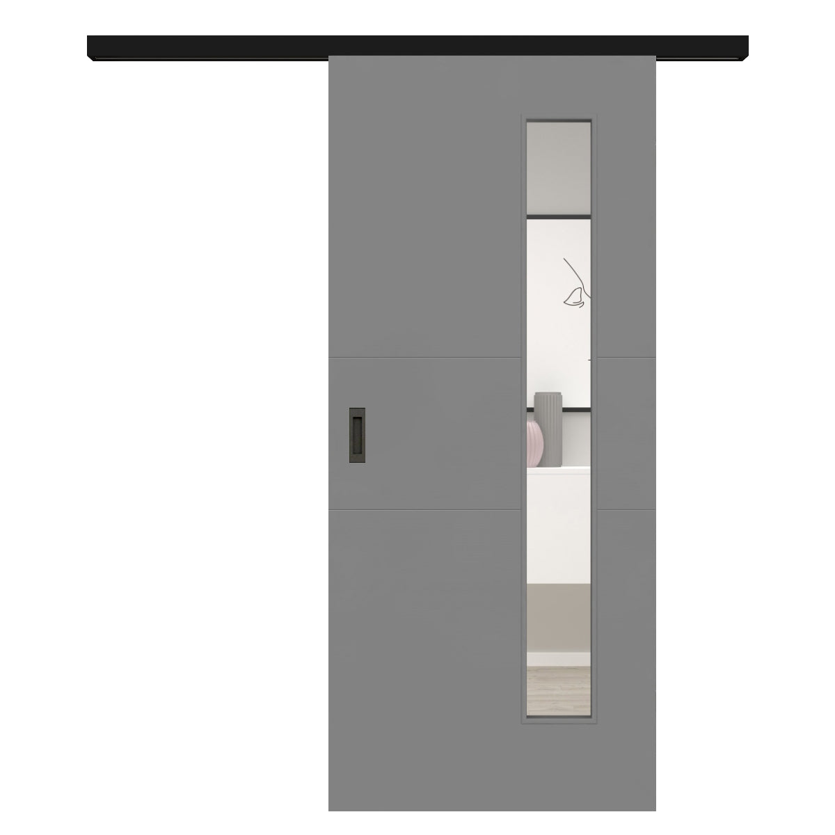 Schiebetür für Set mit schwarzem Laufkasten mit Lichtausschnitt grau 2 Rillen quer - Modell Designtür Q27LAB