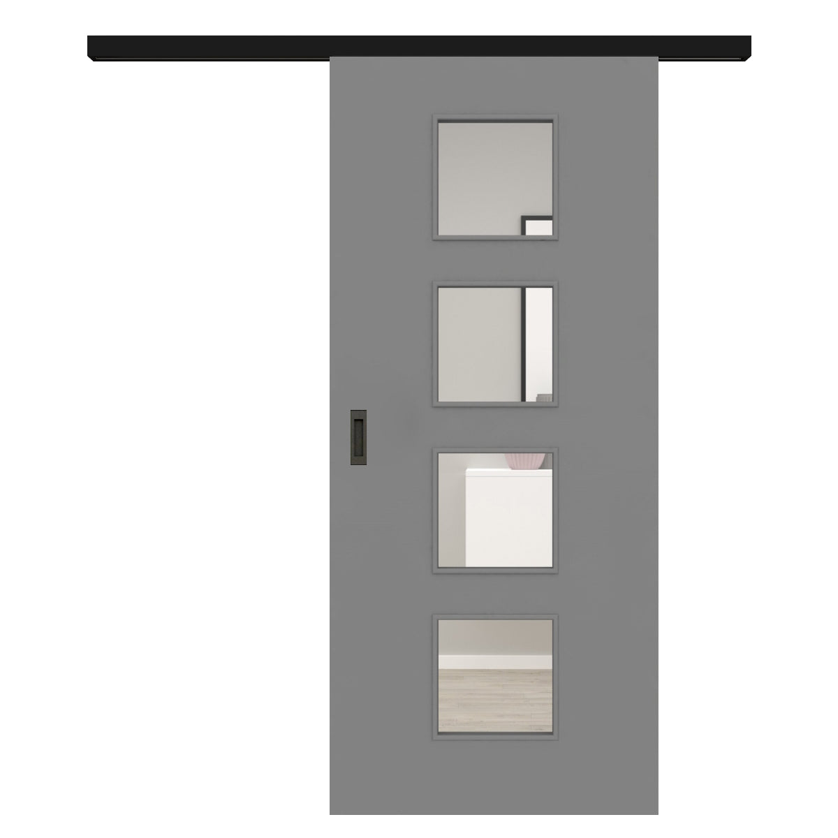 Schiebetür für Set mit schwarzem Laufkasten mit Lichtausschnitt grau glatt - Modell LA4