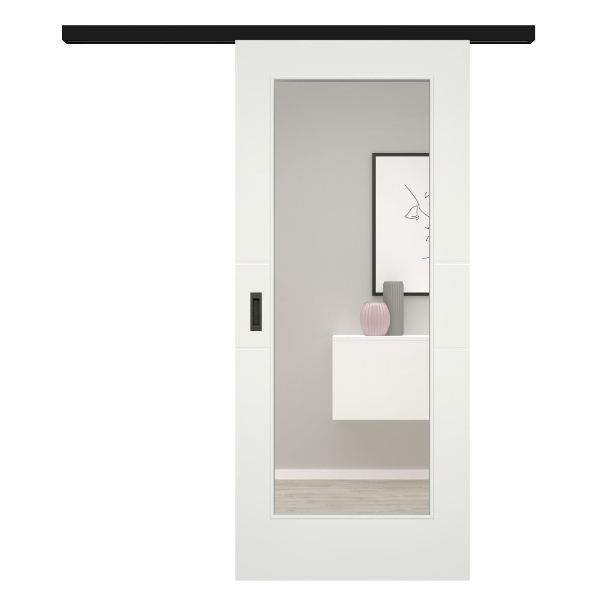 Schiebetür für Set mit schwarzem Laufkasten mit Lichtausschnitt soft-weiß 2 Rillen - Modell Designtür Q21LA