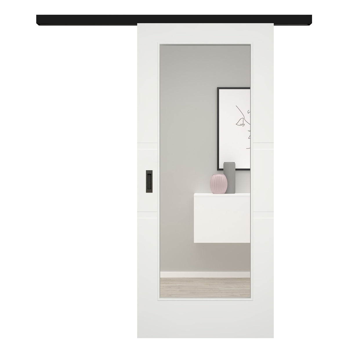 Schiebetür für Set mit schwarzem Laufkasten mit Lichtausschnitt soft-weiß 2 breite Rillen - Modell Designtür QB21LA