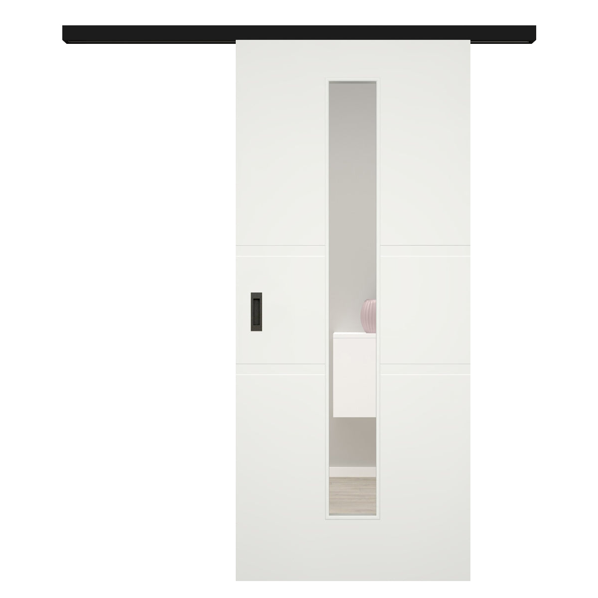 Schiebetür für Set mit schwarzem Laufkasten mit Lichtausschnitt soft-weiß 2 breite Rillen - Modell Designtür QB21LAM