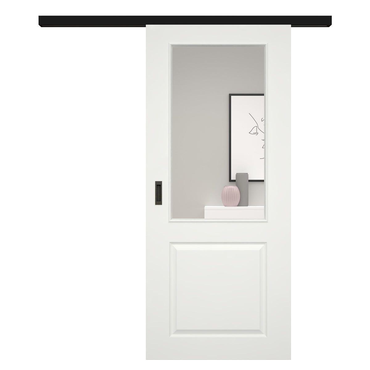 Schiebetür für Set mit schwarzem Laufkasten soft-weiß Stiltür mit 2 Kassetten und Lichtausschnitt - Modell Stiltür K21LA