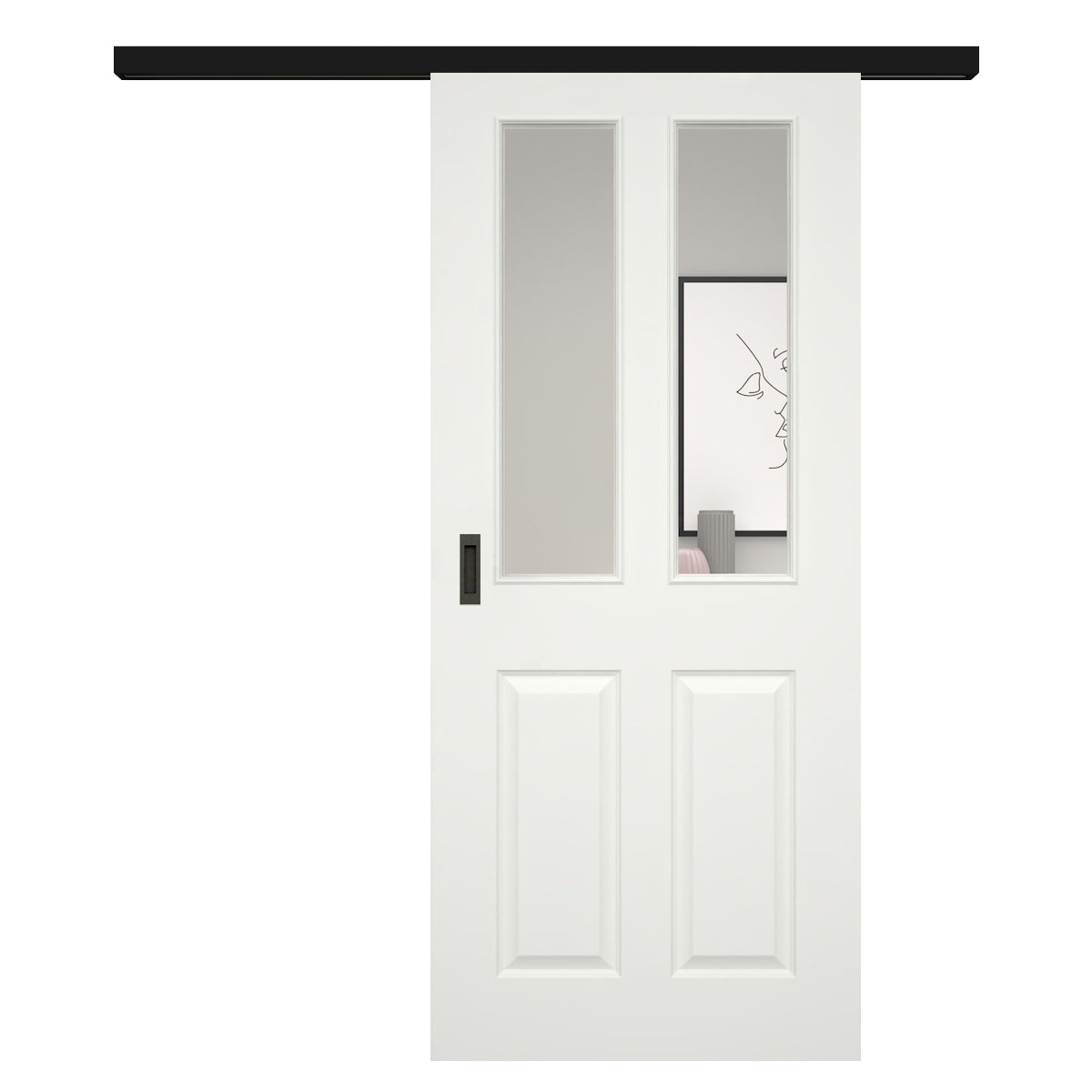 Schiebetür für Set mit schwarzem Laufkasten soft-weiß Stiltür mit 4 Kassetten und Lichtausschnitt - Modell Stiltür K41LA2