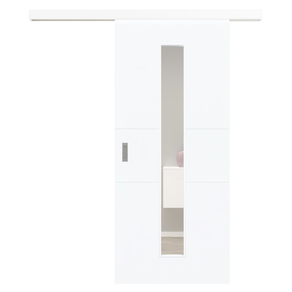 Schiebetür für Set mit weißem Laufkasten mit Lichtausschnitt brillant-weiß 2 Rillen quer - Modell Designtür Q23LAM