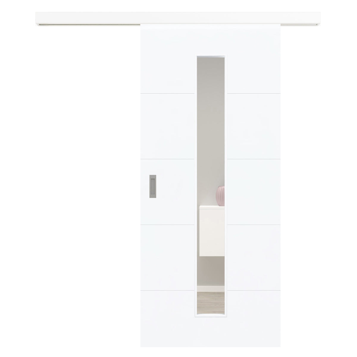 Schiebetür für Set mit weißem Laufkasten mit Lichtausschnitt brillant-weiß 4 Rillen - Modell Designtür Q43LAM