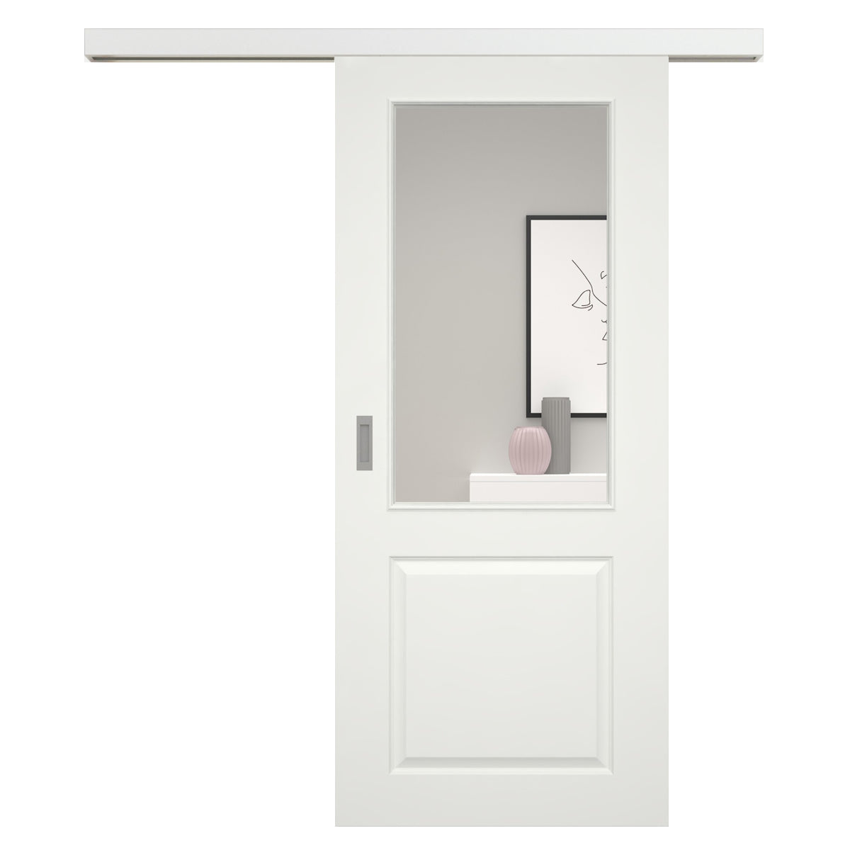 Schiebetür für Set mit weißem Laufkasten soft-weiß Stiltür mit 2 Kassetten und Lichtausschnitt - Modell Stiltür K21LA