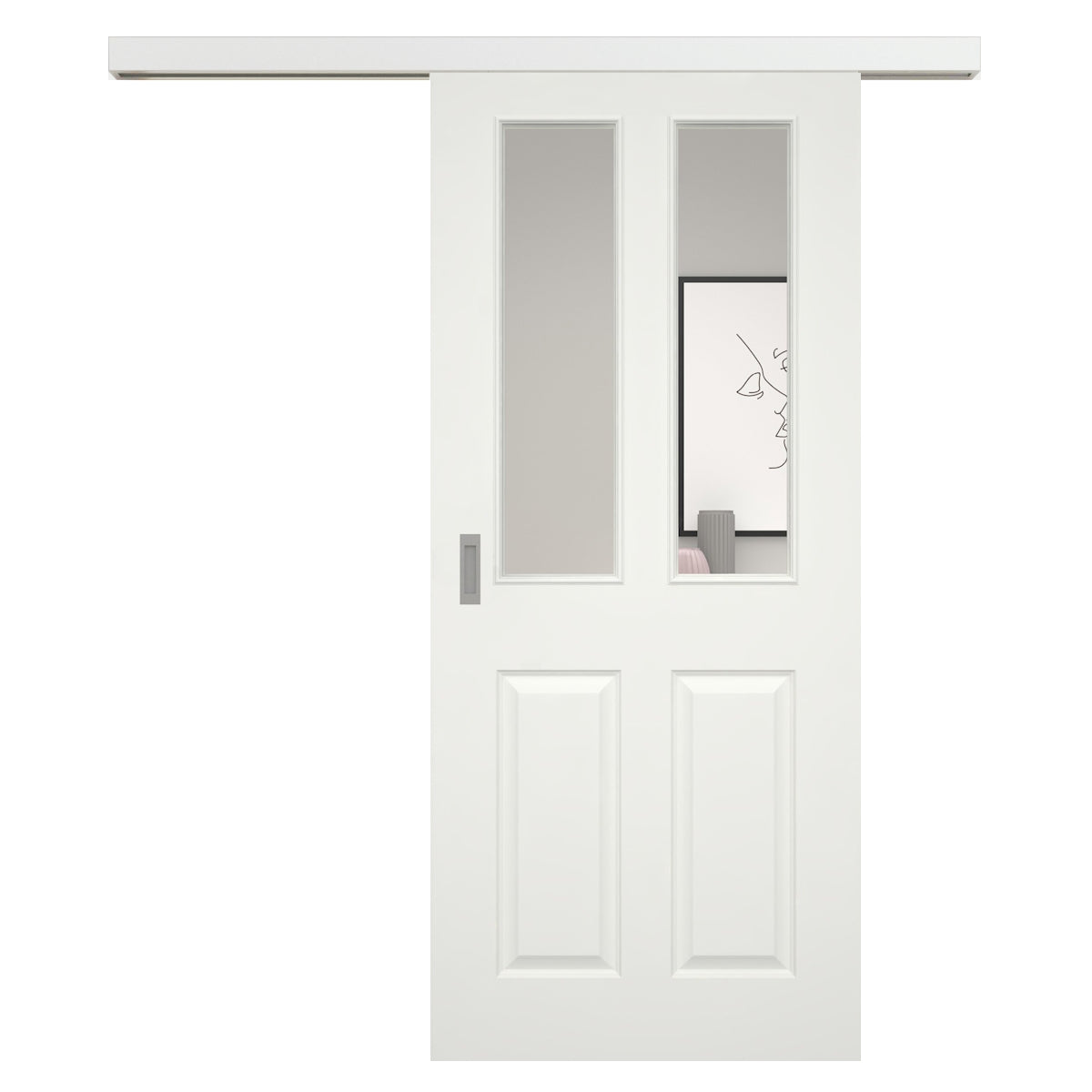 Schiebetür für Set mit weißem Laufkasten soft-weiß Stiltür mit 4 Kassetten und Lichtausschnitt - Modell Stiltür K41LA2