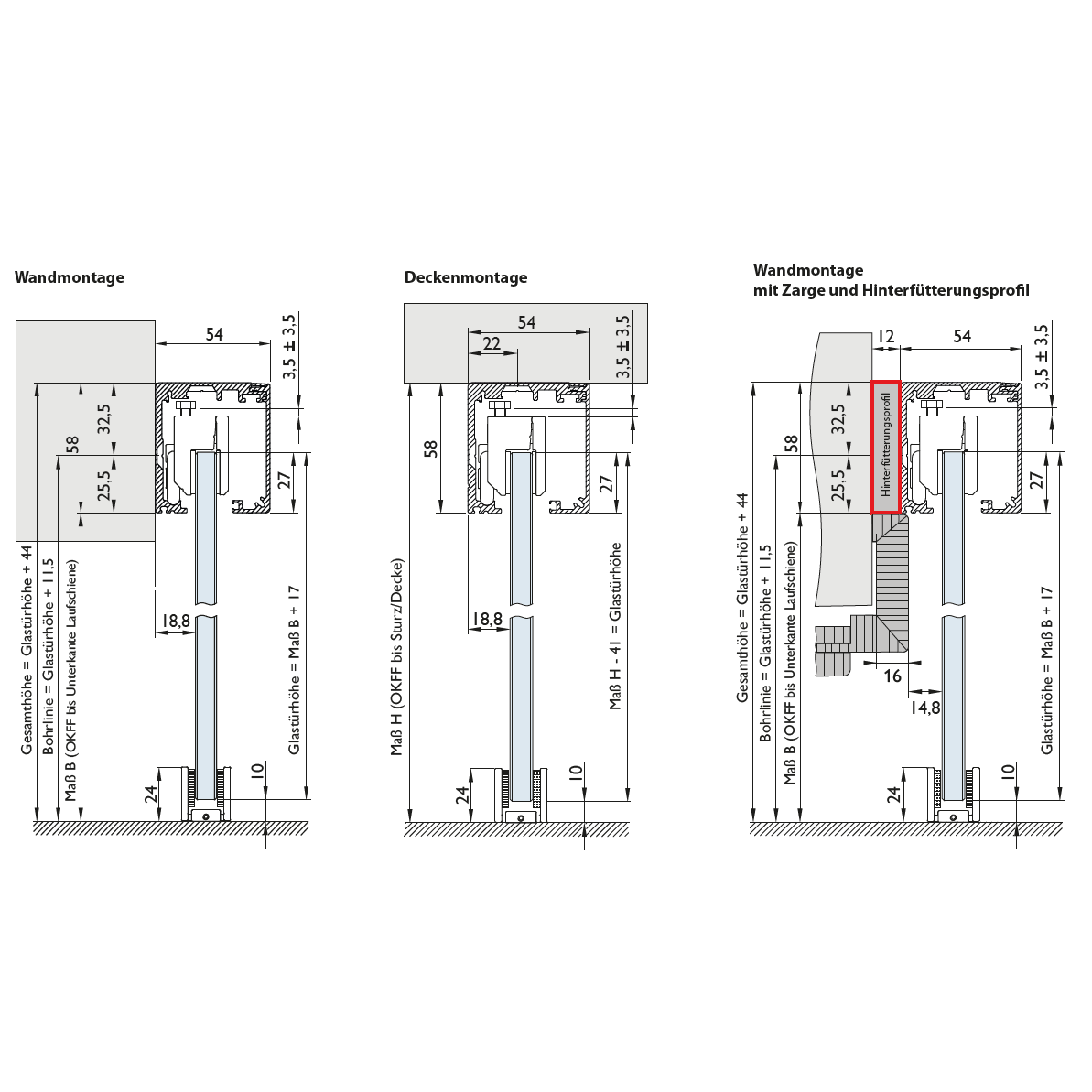 Schiebetürsystem C80 für Glastüren Edelstahloptik zur Wand & Deckenmontage