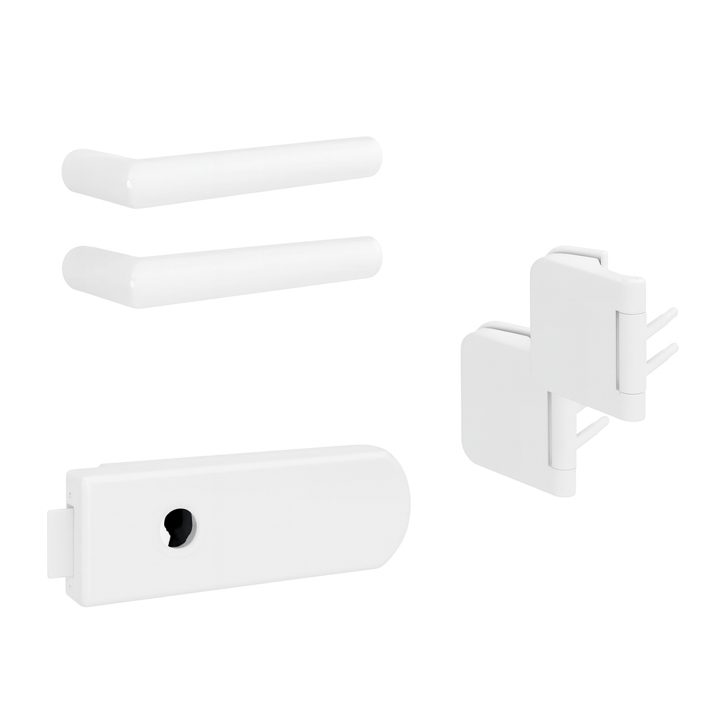 Schlosskasten-Set rund Weiß für Glastüren mit Türklinke L-Form