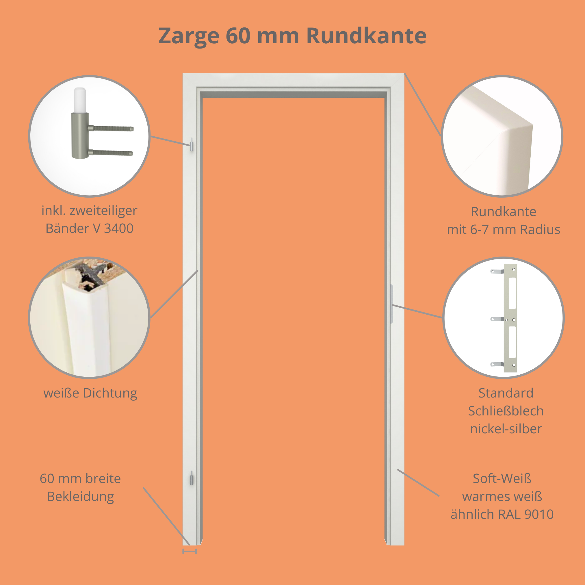 Türzarge CPL soft-weiß Rundkante 60 mm Bekleidung