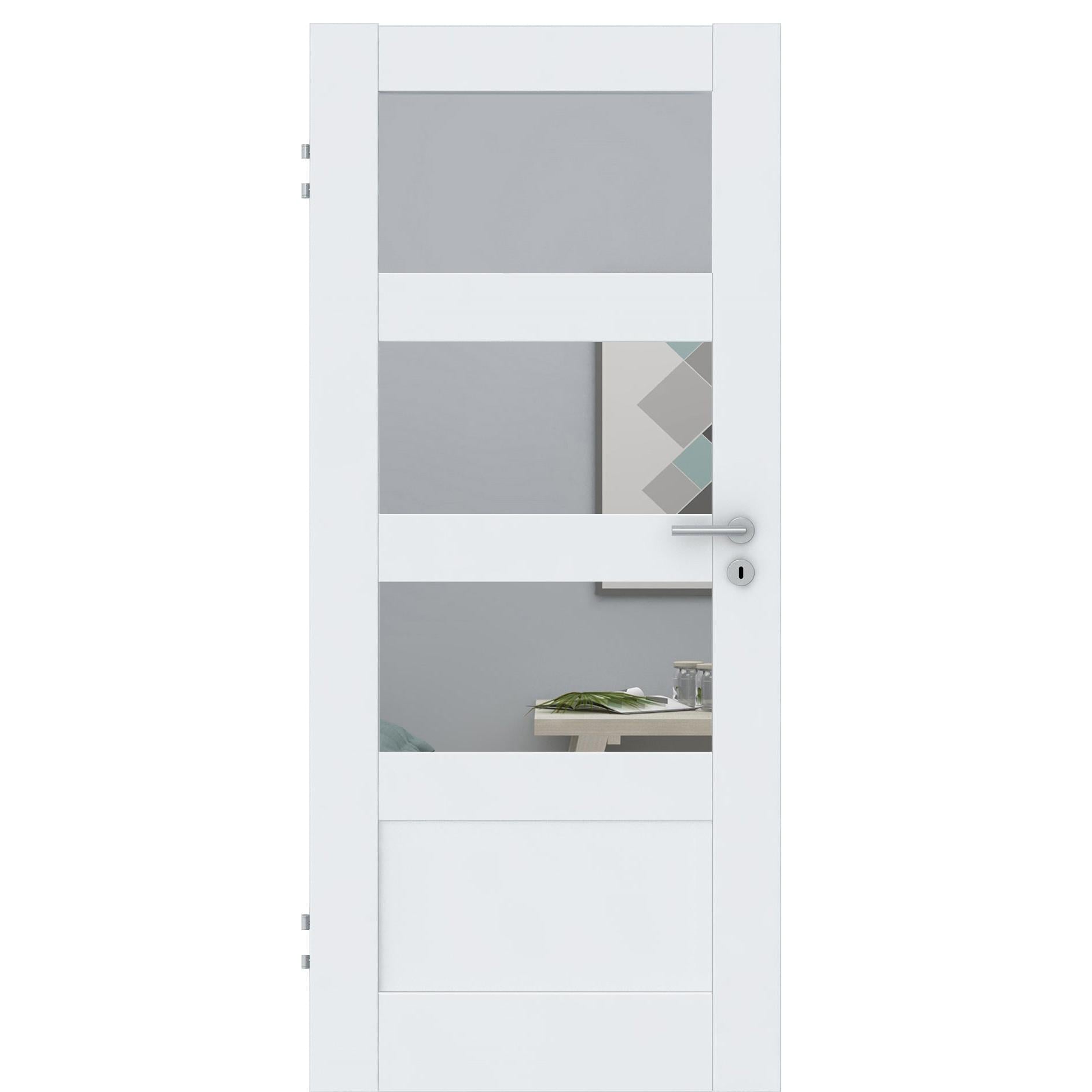 Zimmertür CPL brillant-weiß Rahmendesigntür mit 4 Kassetten und Lichtausschnitt Designkante - Modell Stiltür RQ43LA3