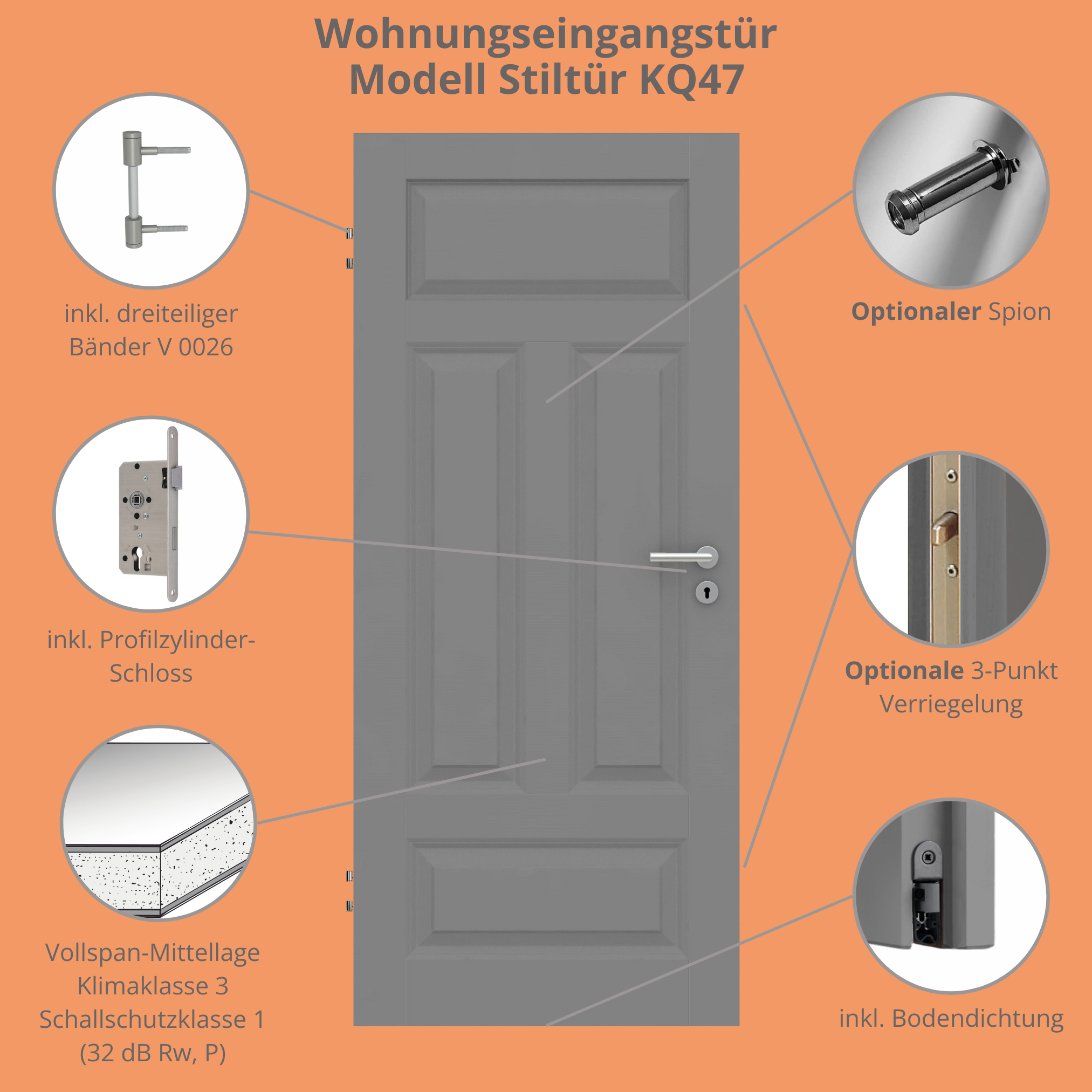Wohnungseingangstür im Sondermaß grau 4 Kassetten Quer Designkante - Modell Stiltür KQ47