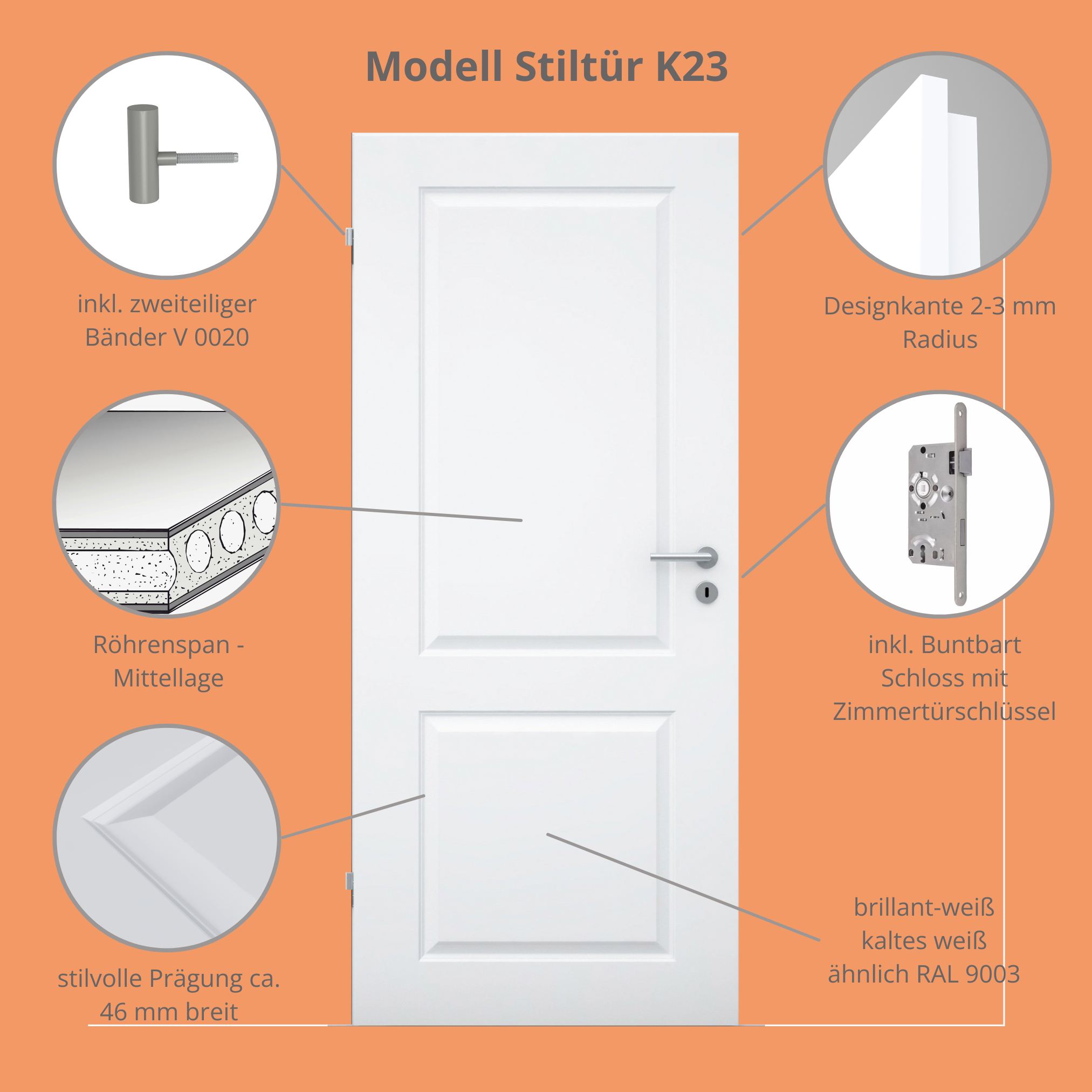 Zimmertür brillant-weiß 2 Kassetten Designkante - Modell Stiltür K23