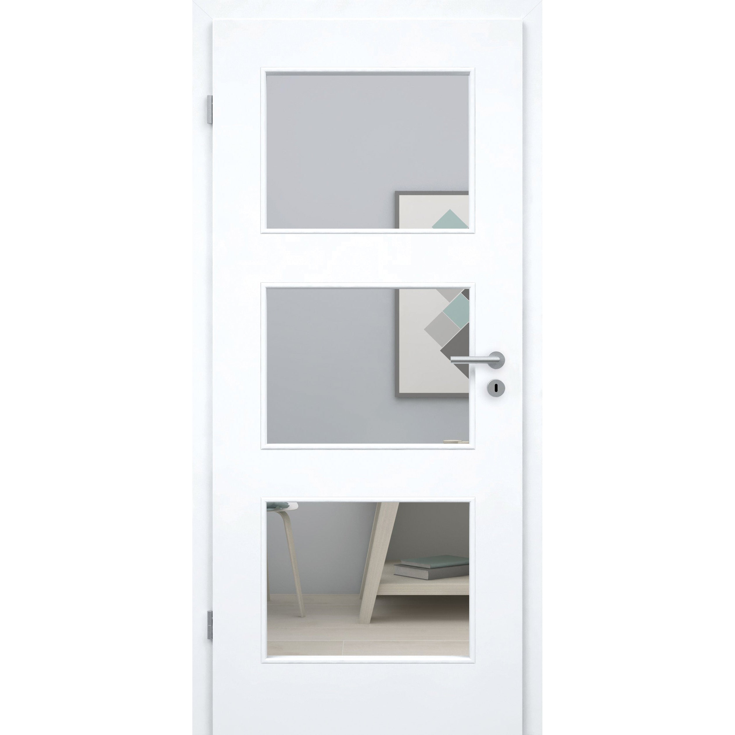 Zimmertür brillant-weiß Stiltür mit 3 Kassetten und Lichtausschnitt Designkante - Modell Stiltür M33LA3