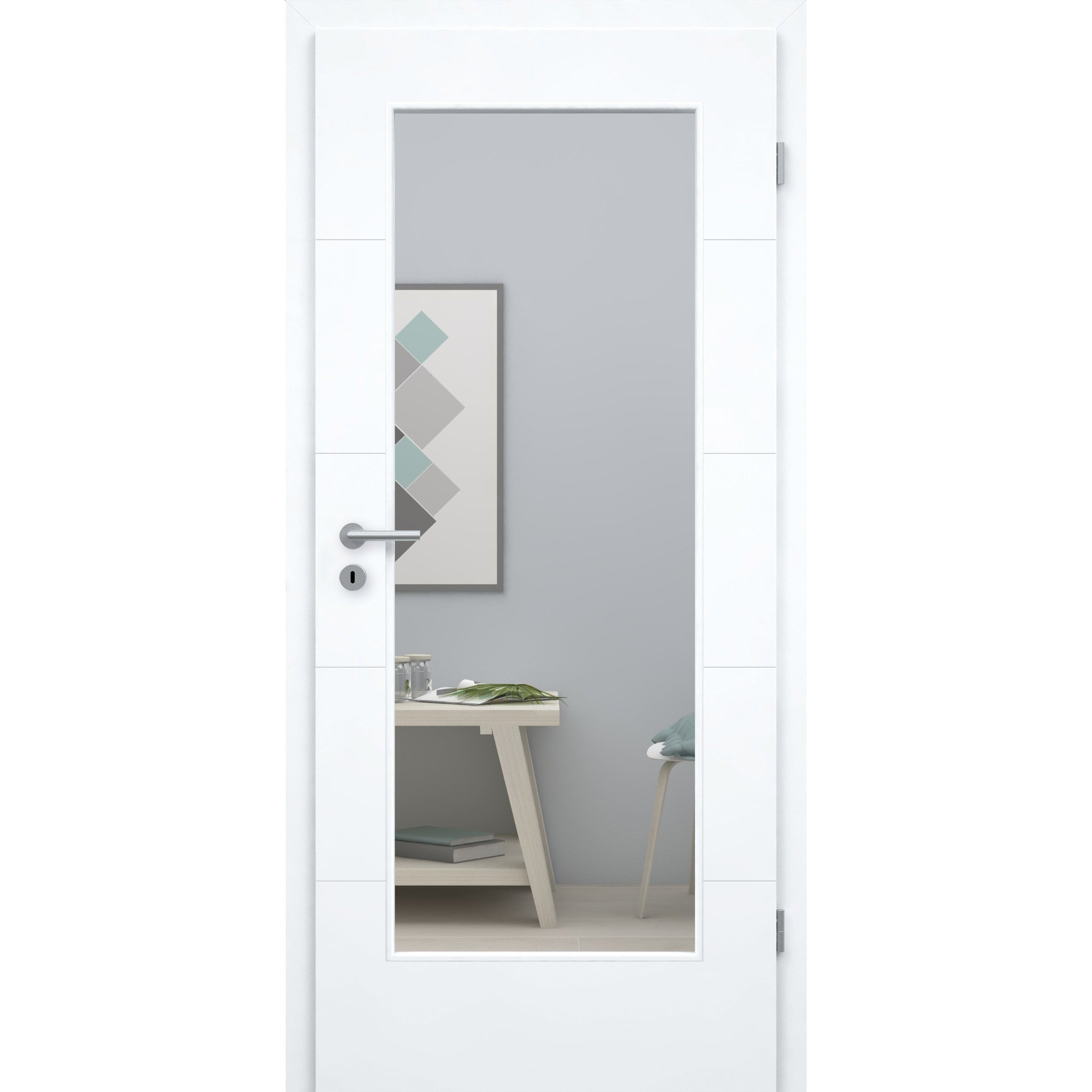 Zimmertür brillant-weiß modern mit 4 Rillen und Lichtausschnitt Designkante - Modell Designtür Q43LA