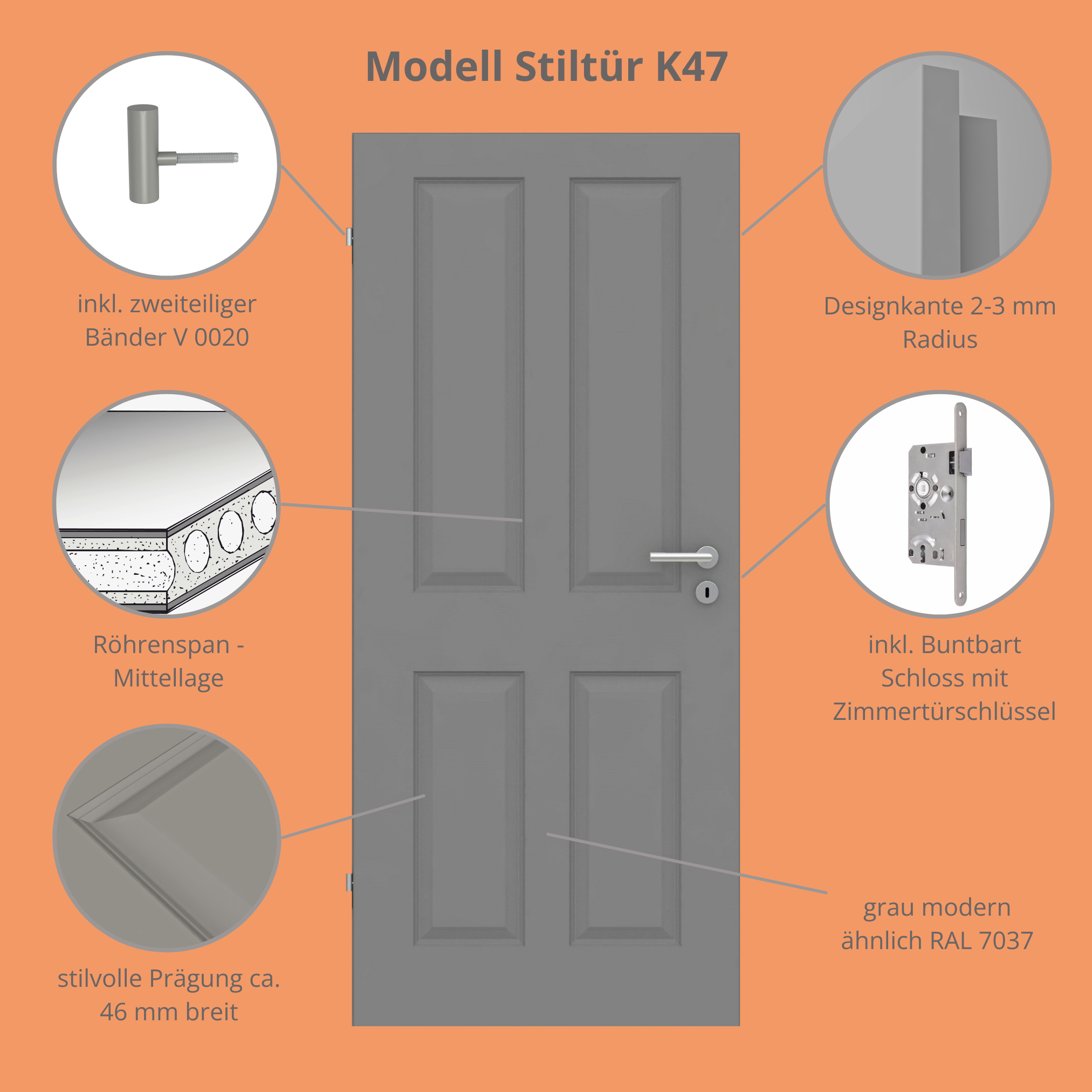 Zimmertür grau 4 Kassetten Designkante - Modell Stiltür K47