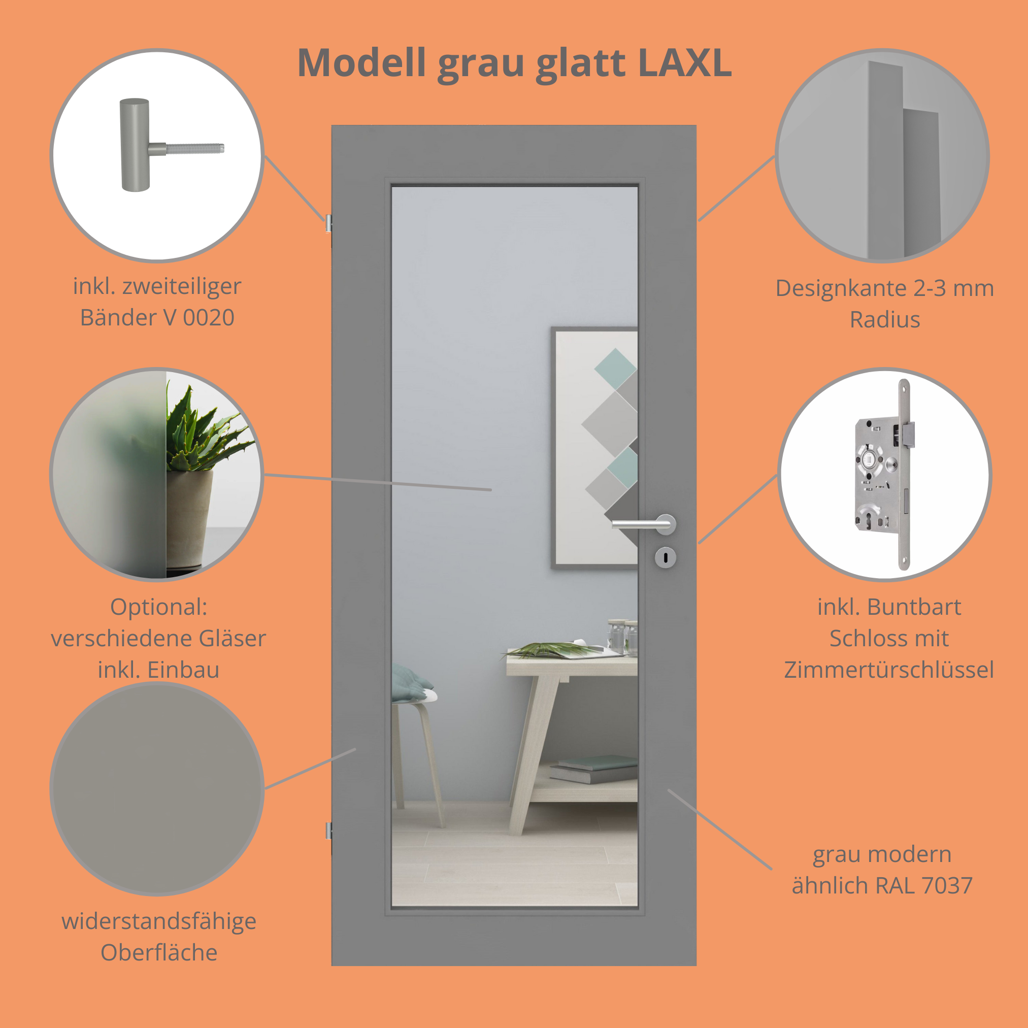 Zimmertür im Sondermaß mit Lichtausschnitt XL grau glatt Designkante - Modell LAXL