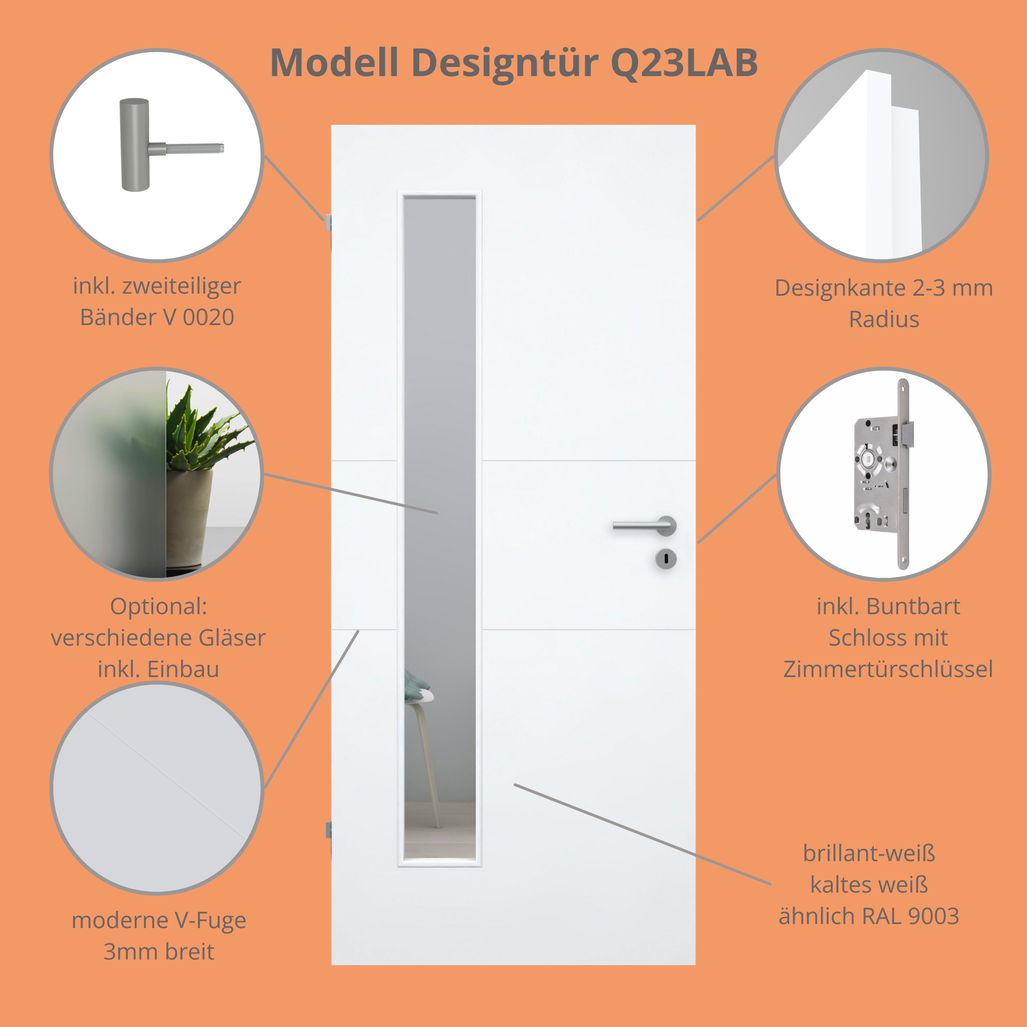 Zimmertür im Sondermaß mit Lichtausschnitt brillant-weiß 2 Rillen quer Designkante - Modell Designtür Q23LAB