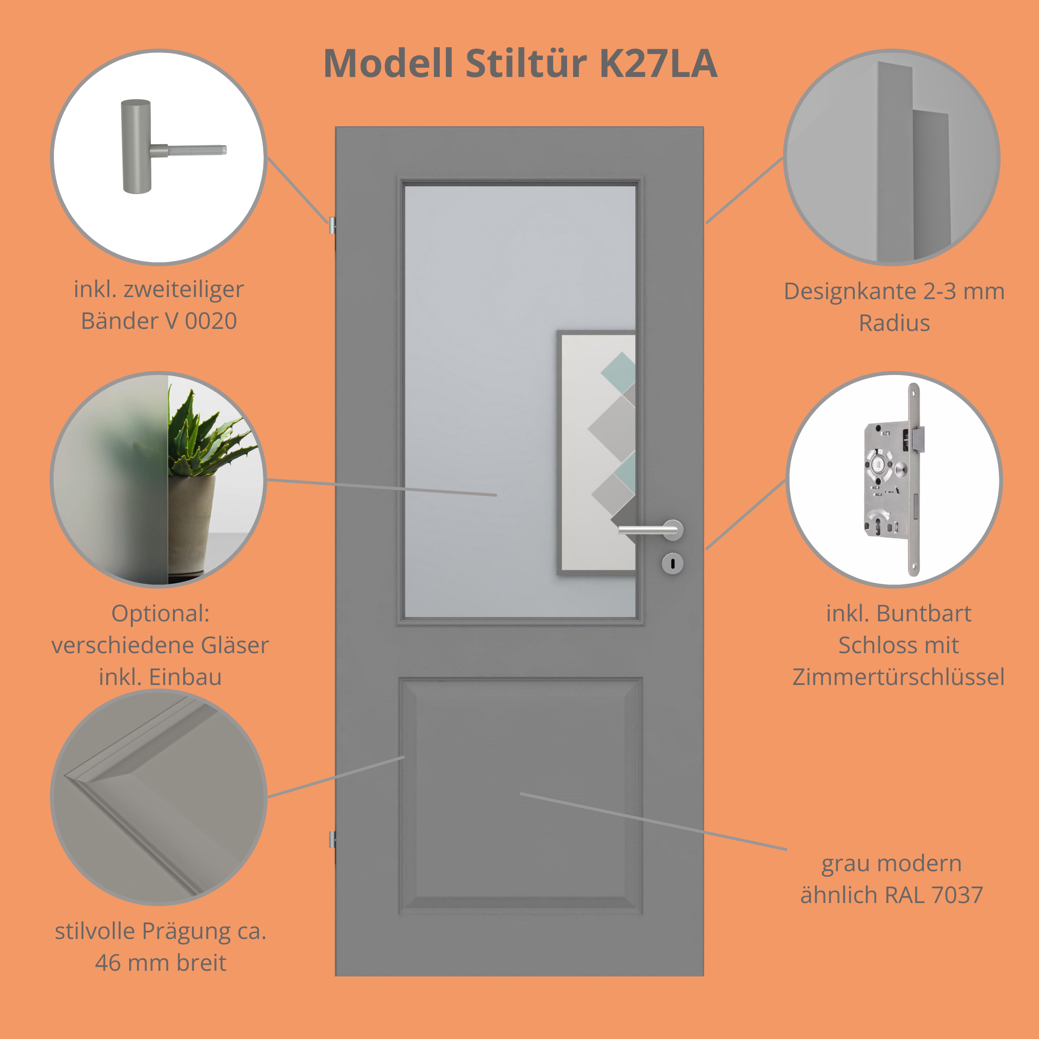Zimmertür im Sondermaß mit Lichtausschnitt grau 2 Kassetten Designkante - Modell Stiltür K27LA