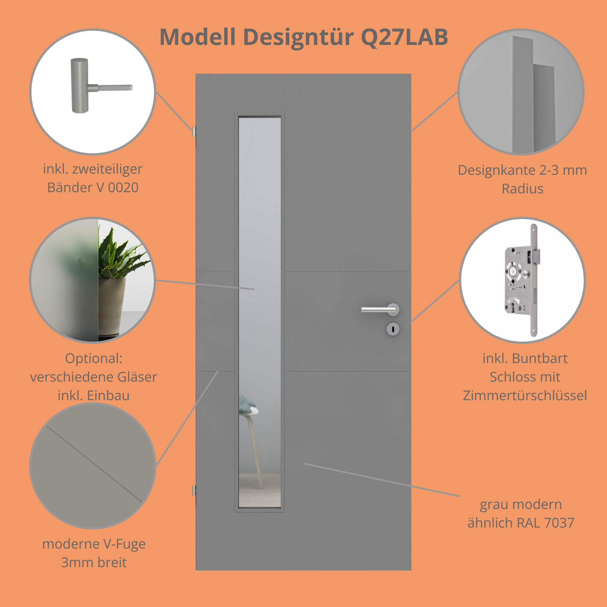 Zimmertür im Sondermaß mit Lichtausschnitt grau 2 Rillen quer Designkante - Modell Designtür Q27LAB