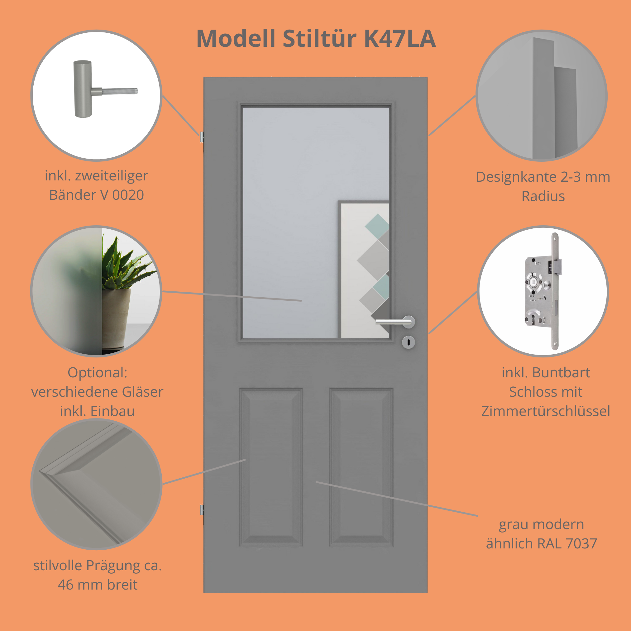 Zimmertür im Sondermaß mit Lichtausschnitt grau 4 Kassetten Designkante - Modell Stiltür K47LA