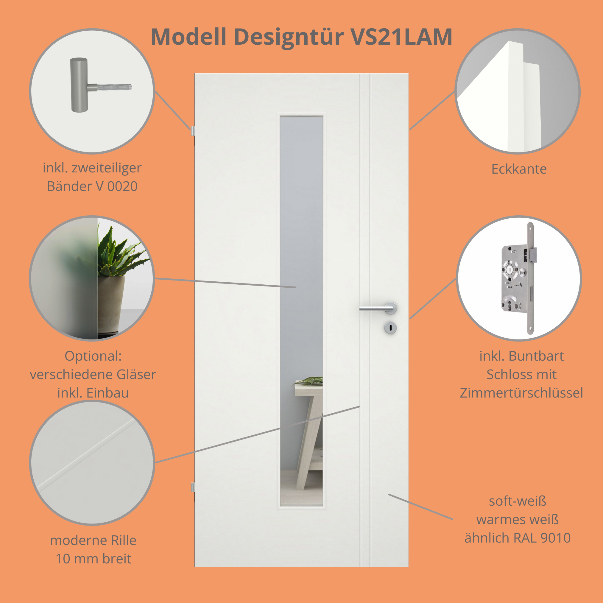 Zimmertür im Sondermaß mit Lichtausschnitt soft-weiß 2 Rillen aufrecht Eckkante - Modell Designtür VS21LAM