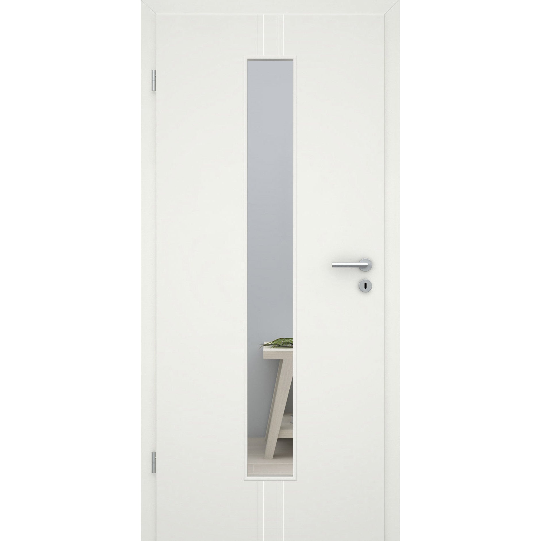 Zimmertür mit Lichtausschnitt 2 breite Rillen aufrecht soft-weiß Eckkante - Modell Designtür ZVM21LAM